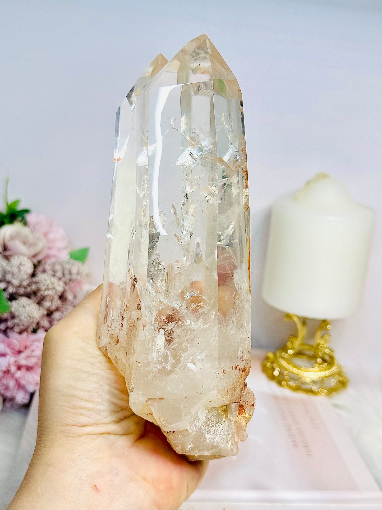 High Grade Clear Quartz Twin | Double Tower with Rainbows on Stand 18.5cm 961g