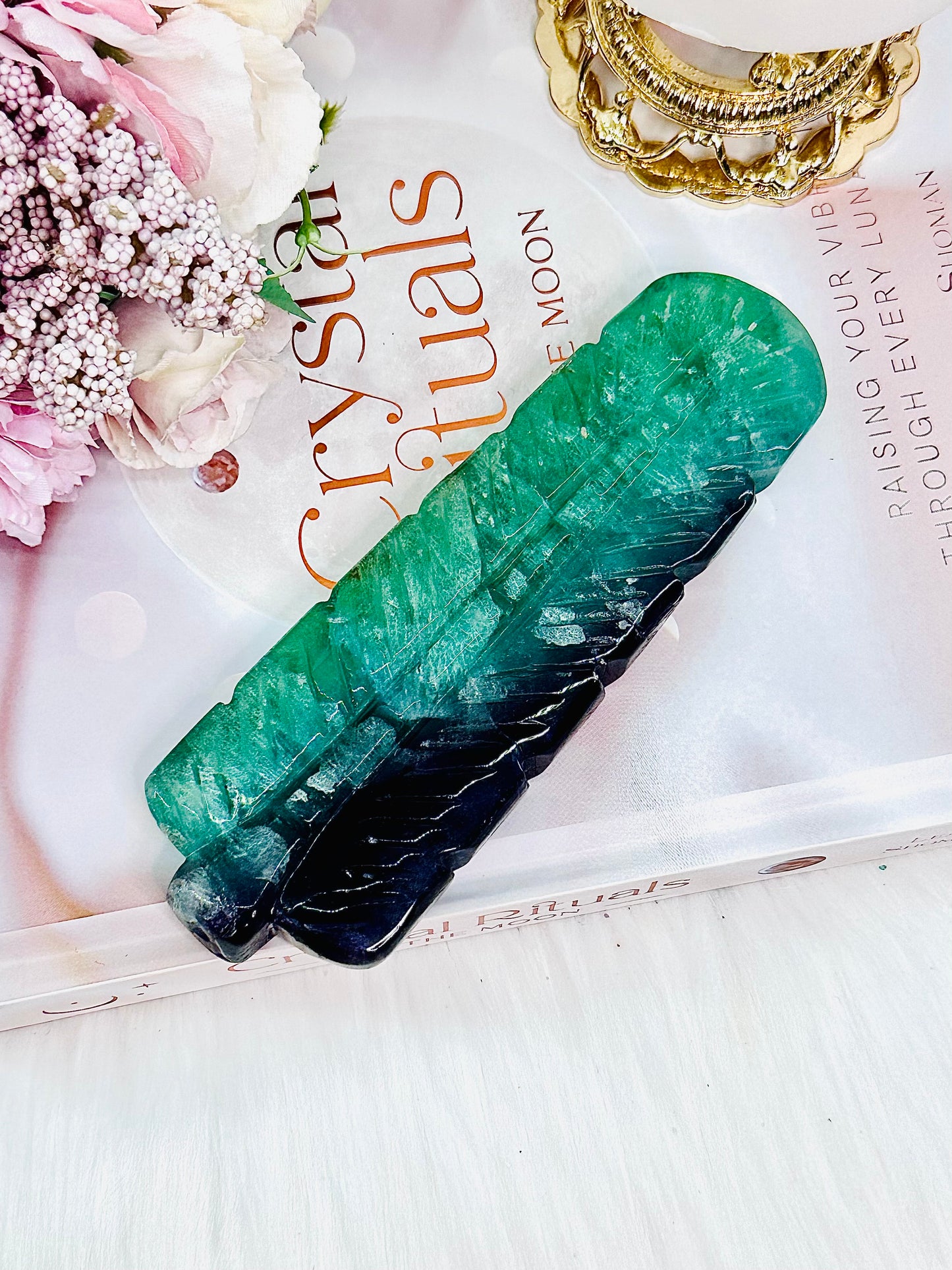 Beautiful Green Fluorite Carved Feather 14.5cm