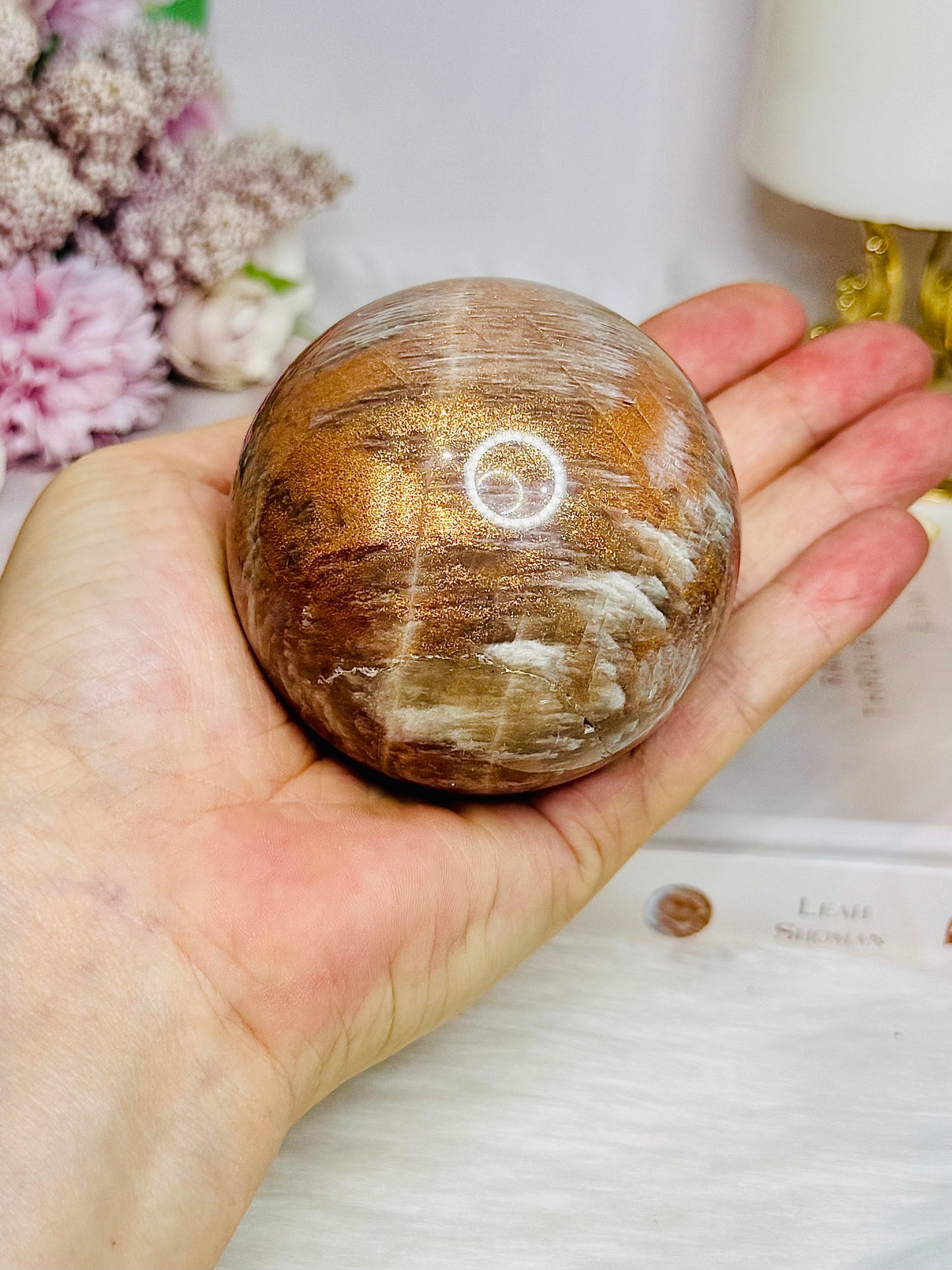 Shimmering Large Sunstone with Moonstone Sphere on Stand 433g