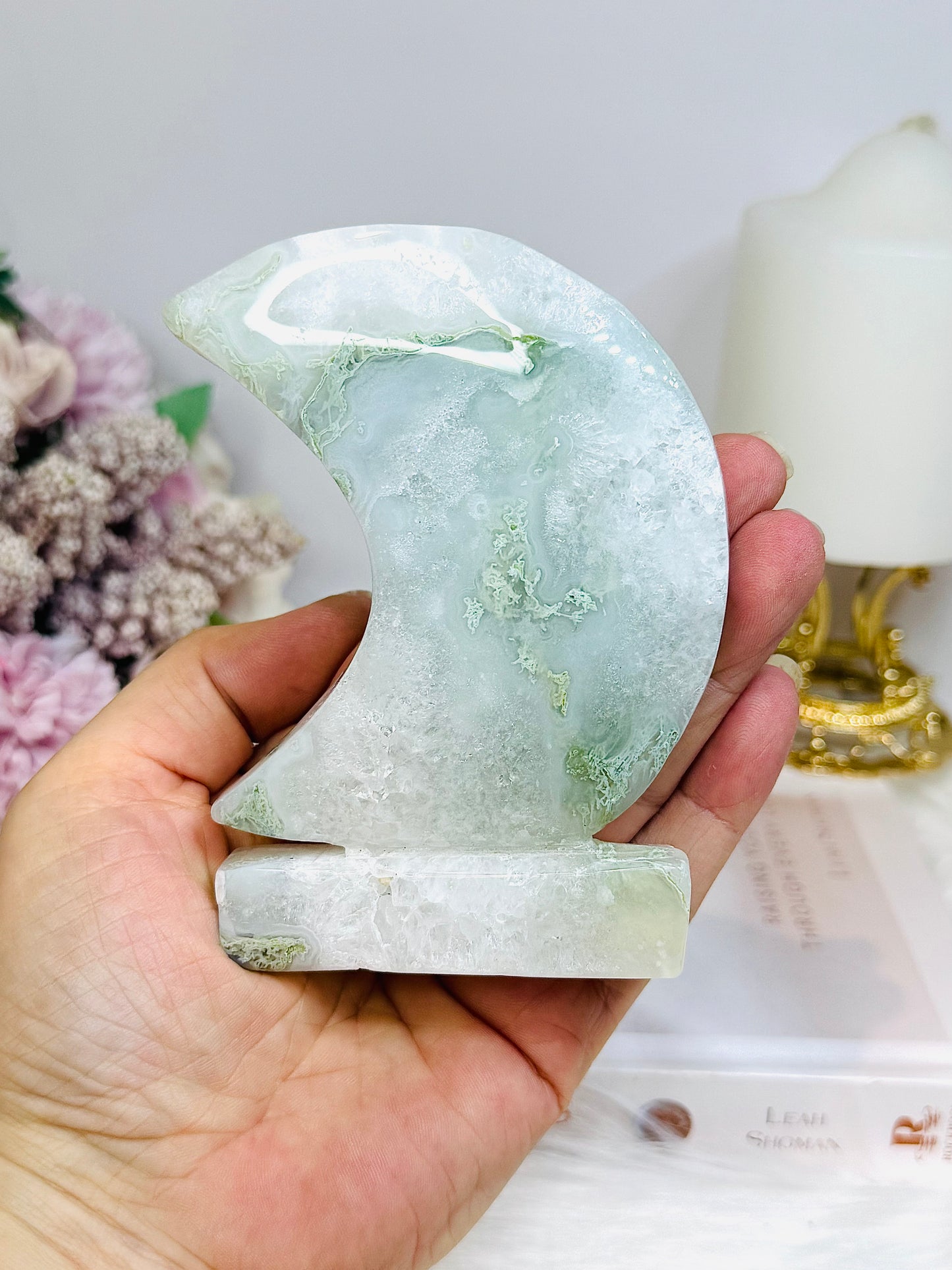 Moss Agate Druzy Moon On Stand 10cm 256g