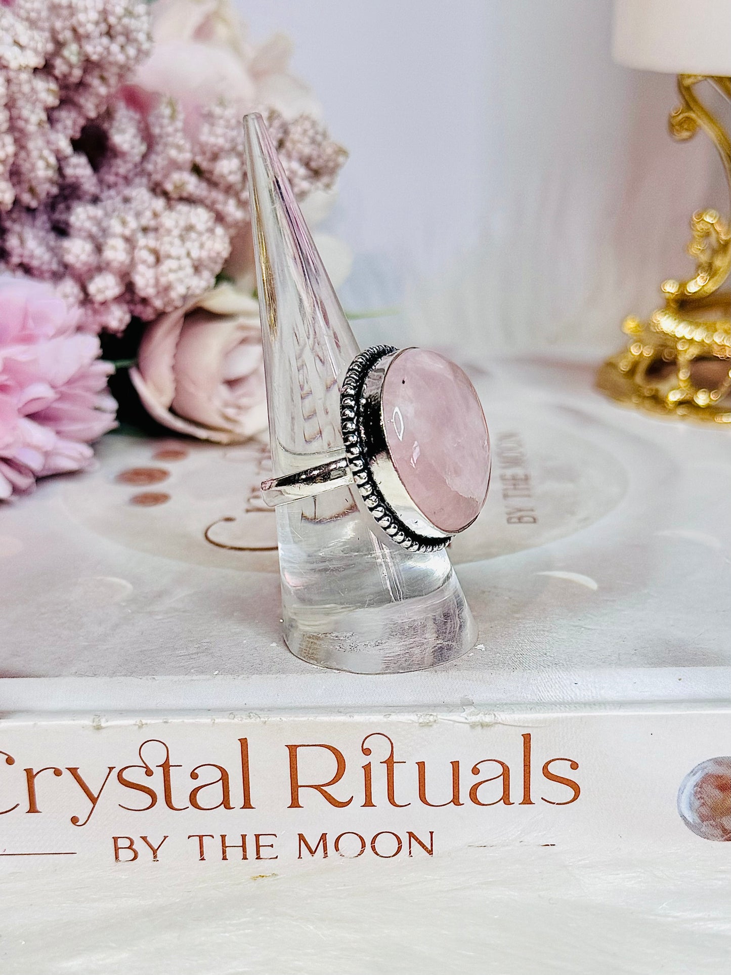 Large Rose Quartz Stone Silver Ring In Gft Bag