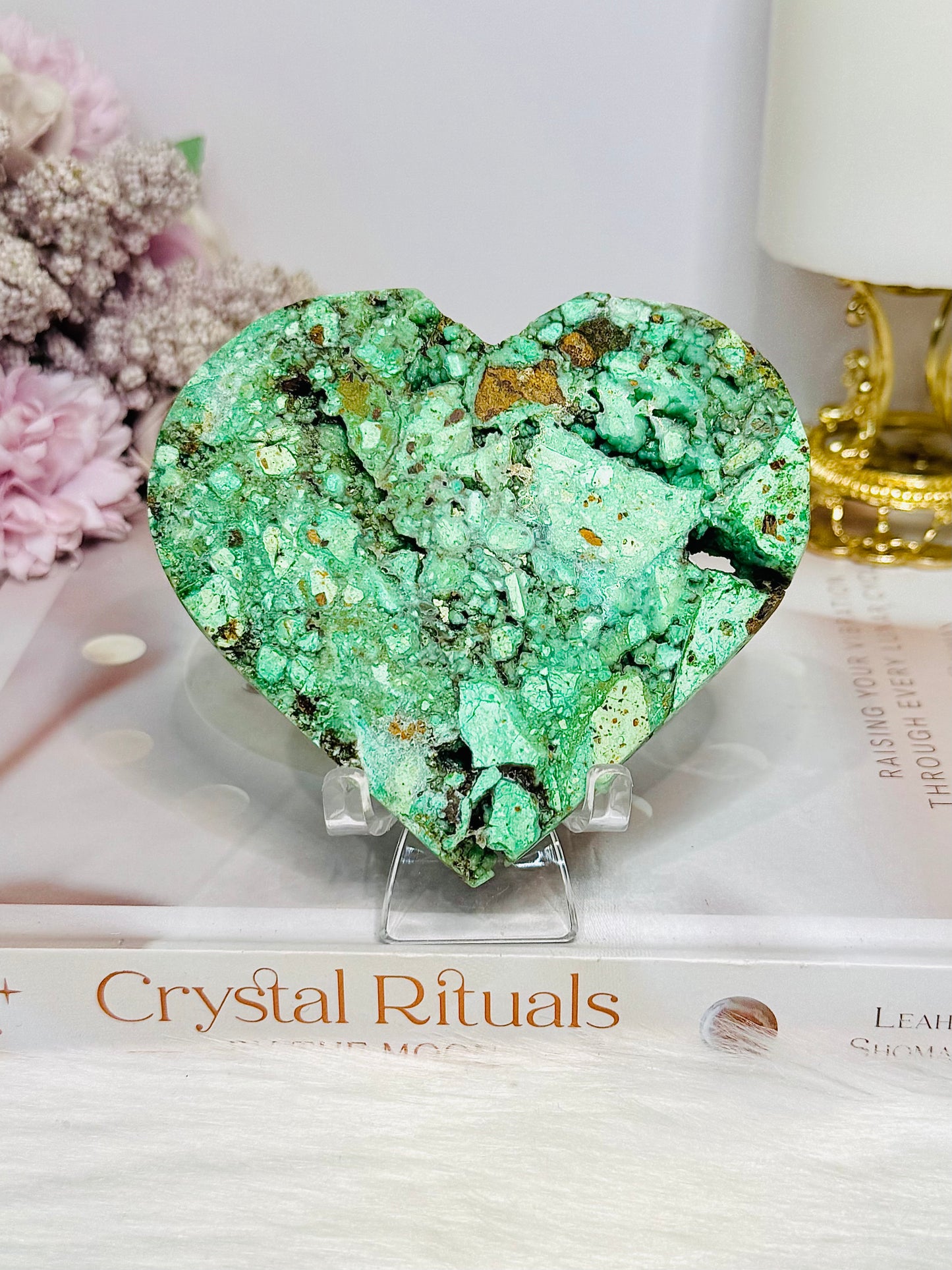 Large Natural Variscite Carved Heart on Stand 9.5cm