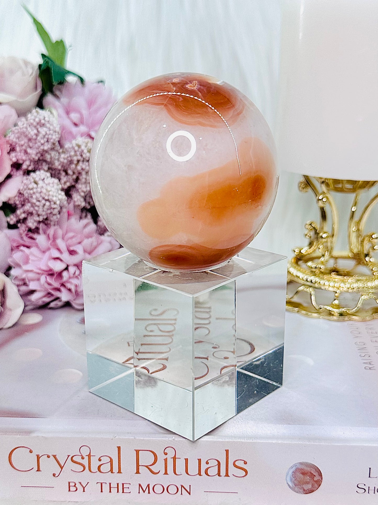 Absolutely Gorgeous Carnelian In Quartz Sphere Comes On A Stand 339grams (glass stand in pic is display only)