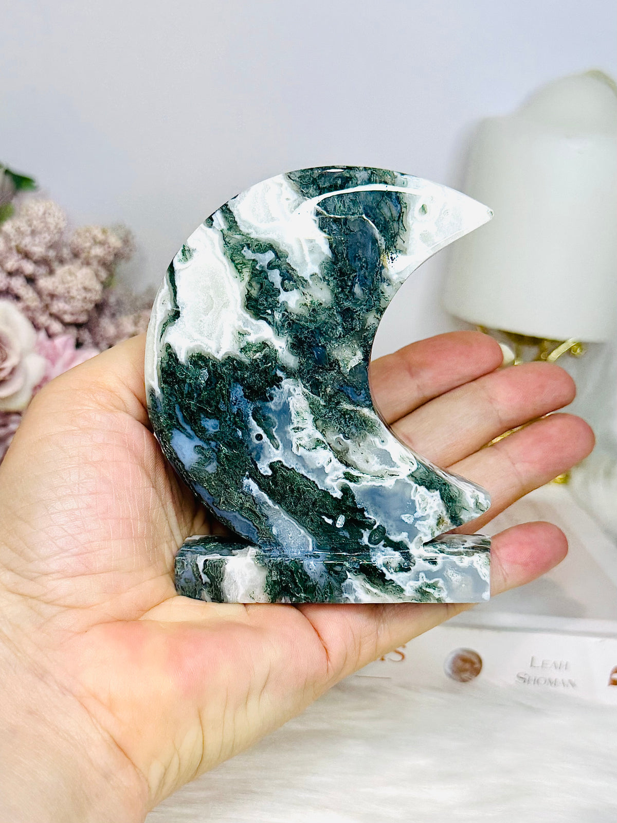 Moss Agate Druzy Moon On Stand 9.5cm 243g