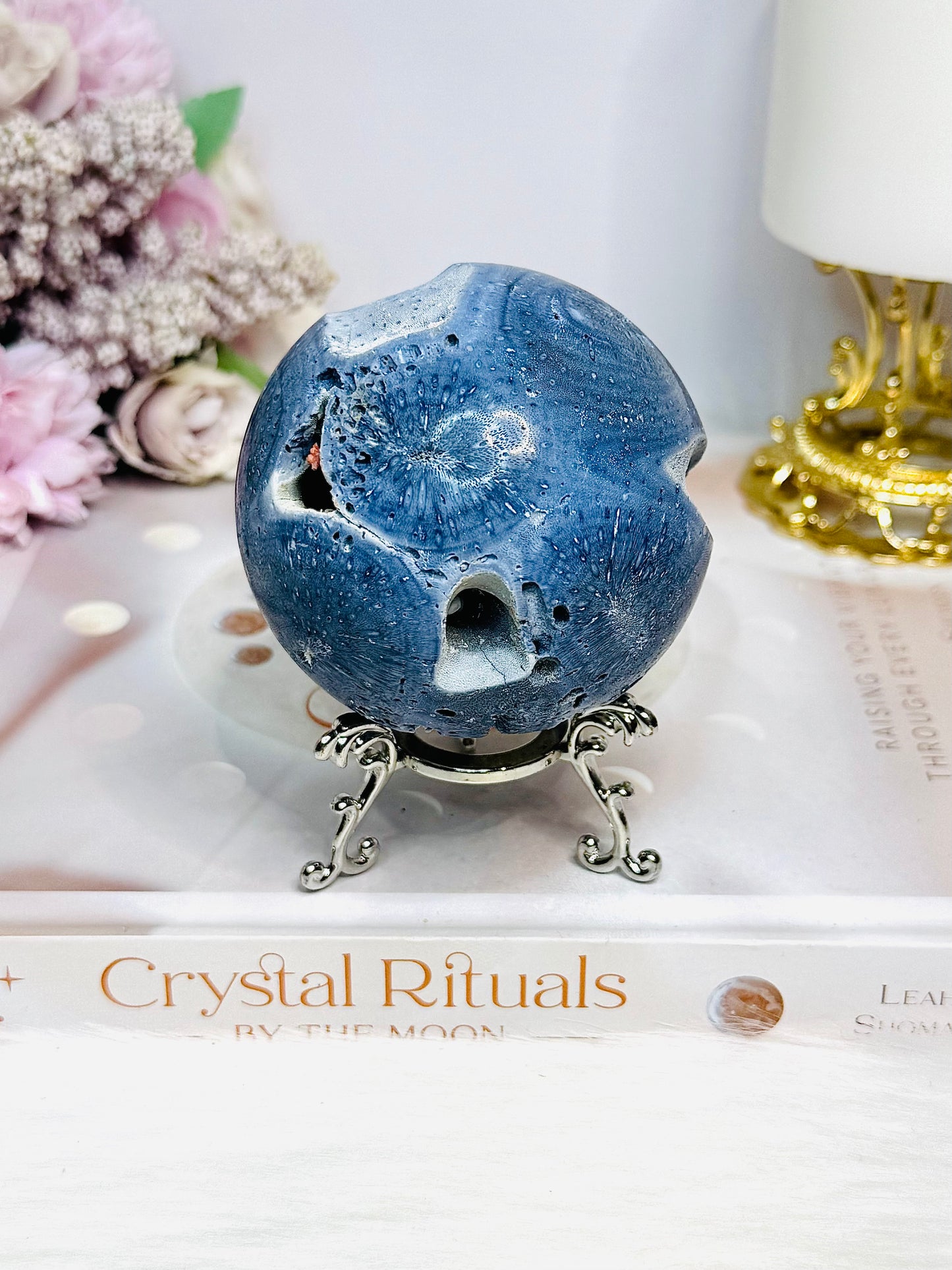 Rare Blue Coral Fossil Sphere on Stand 305g