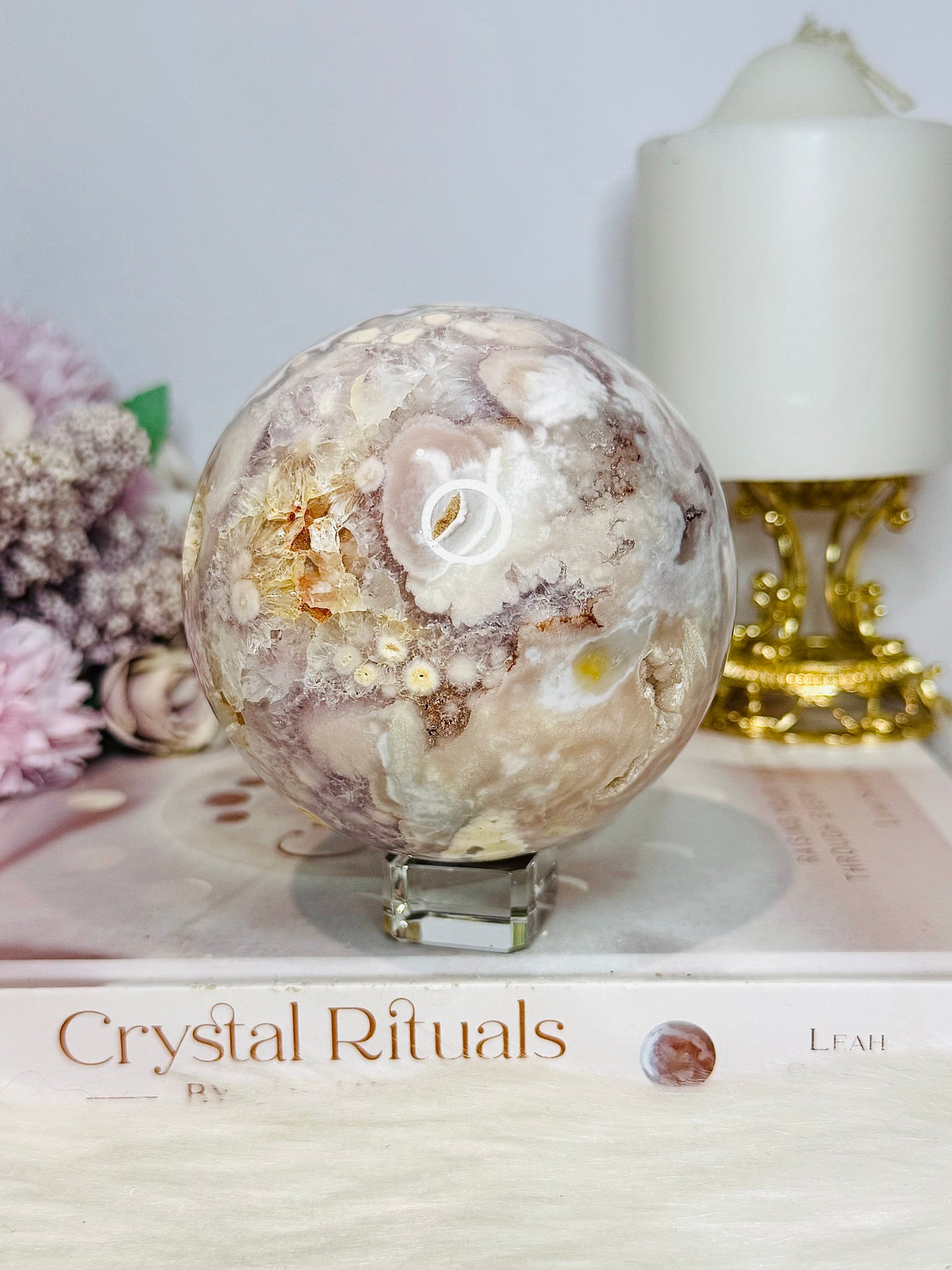 Rare Pink Amethyst X Flower Agate Large Sphere 890g On Stand