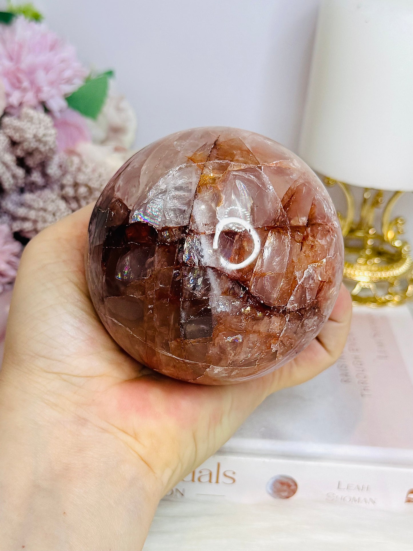 High Grade Large Fire Quartz | Hematoid Quartz Sphere with Rainbows on Stand 725g