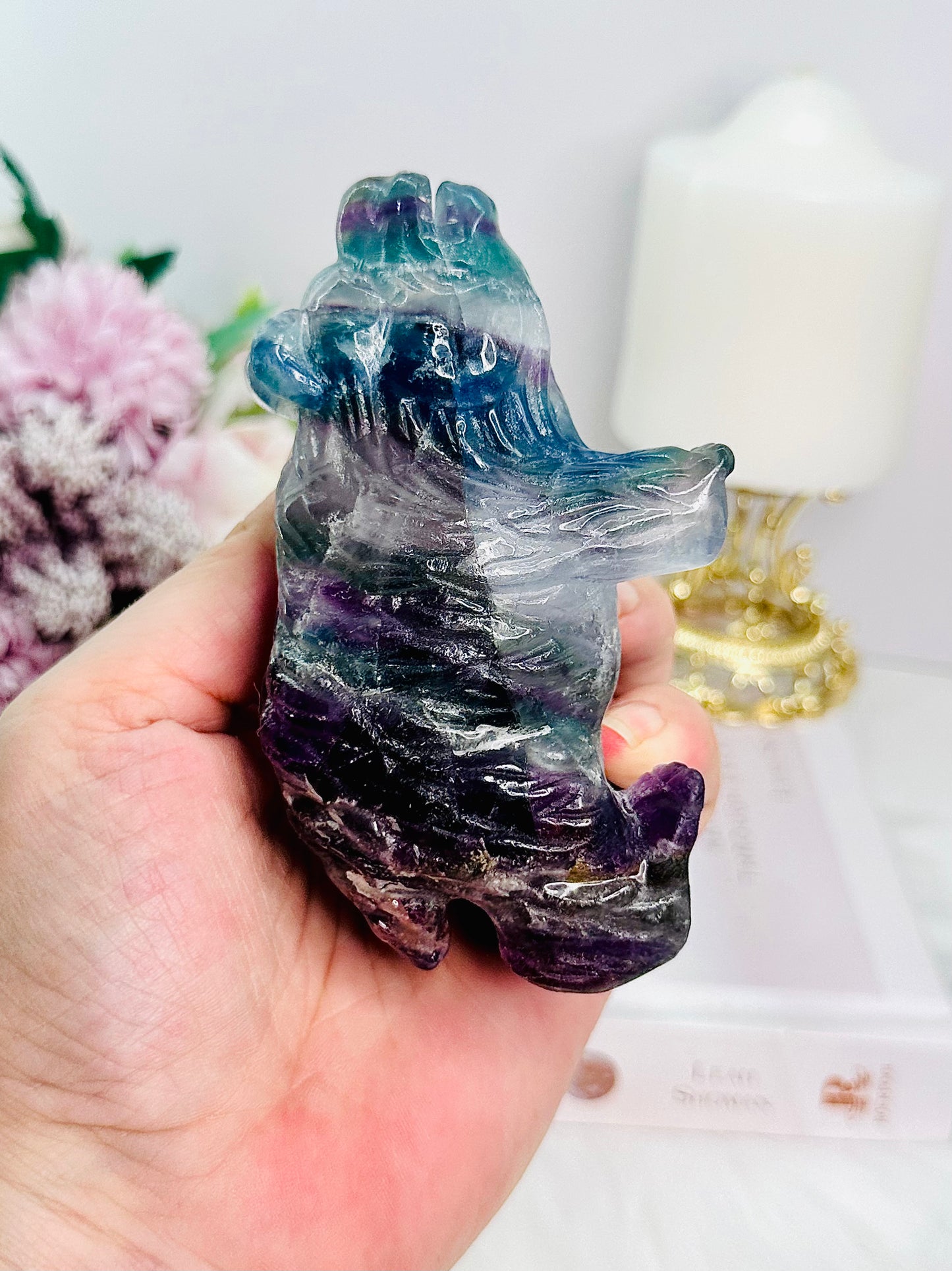 Beautiful Carved Rainbow Fluorite Bear 368grams