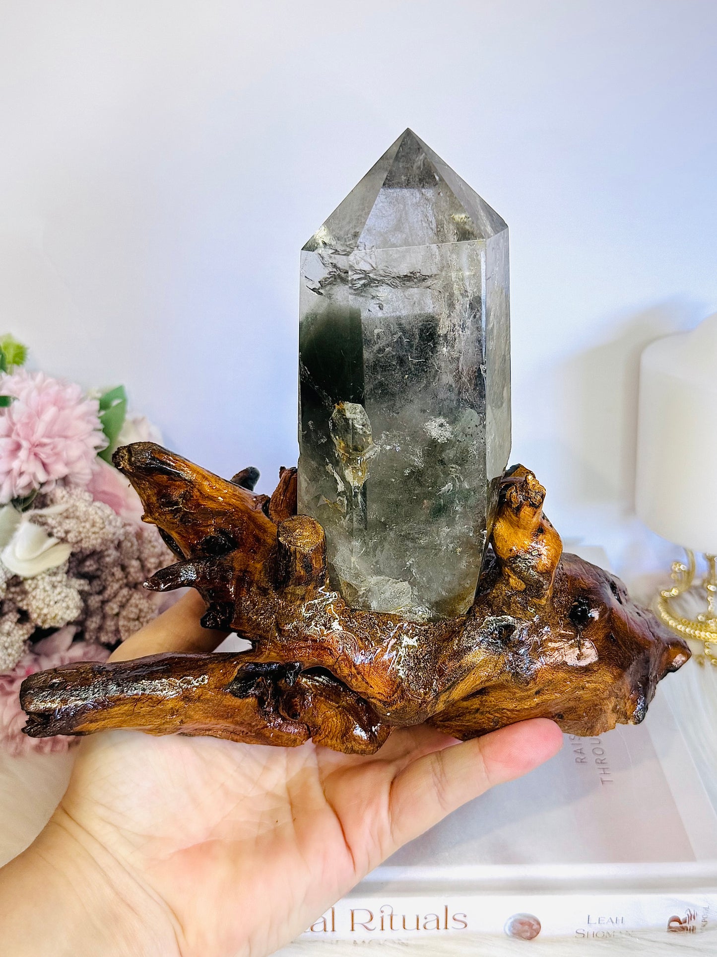 Stunning Large Garden Quartz | Lodolite Tower on Timber Base 938grams 27cm