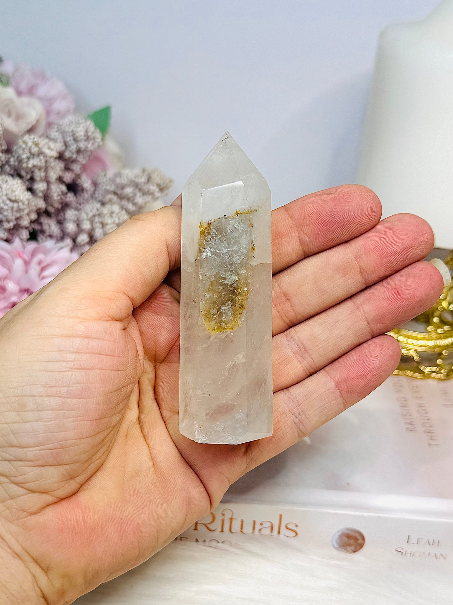 Clear Quartz Tower with Garden Quartz Inclusion 8.5cm