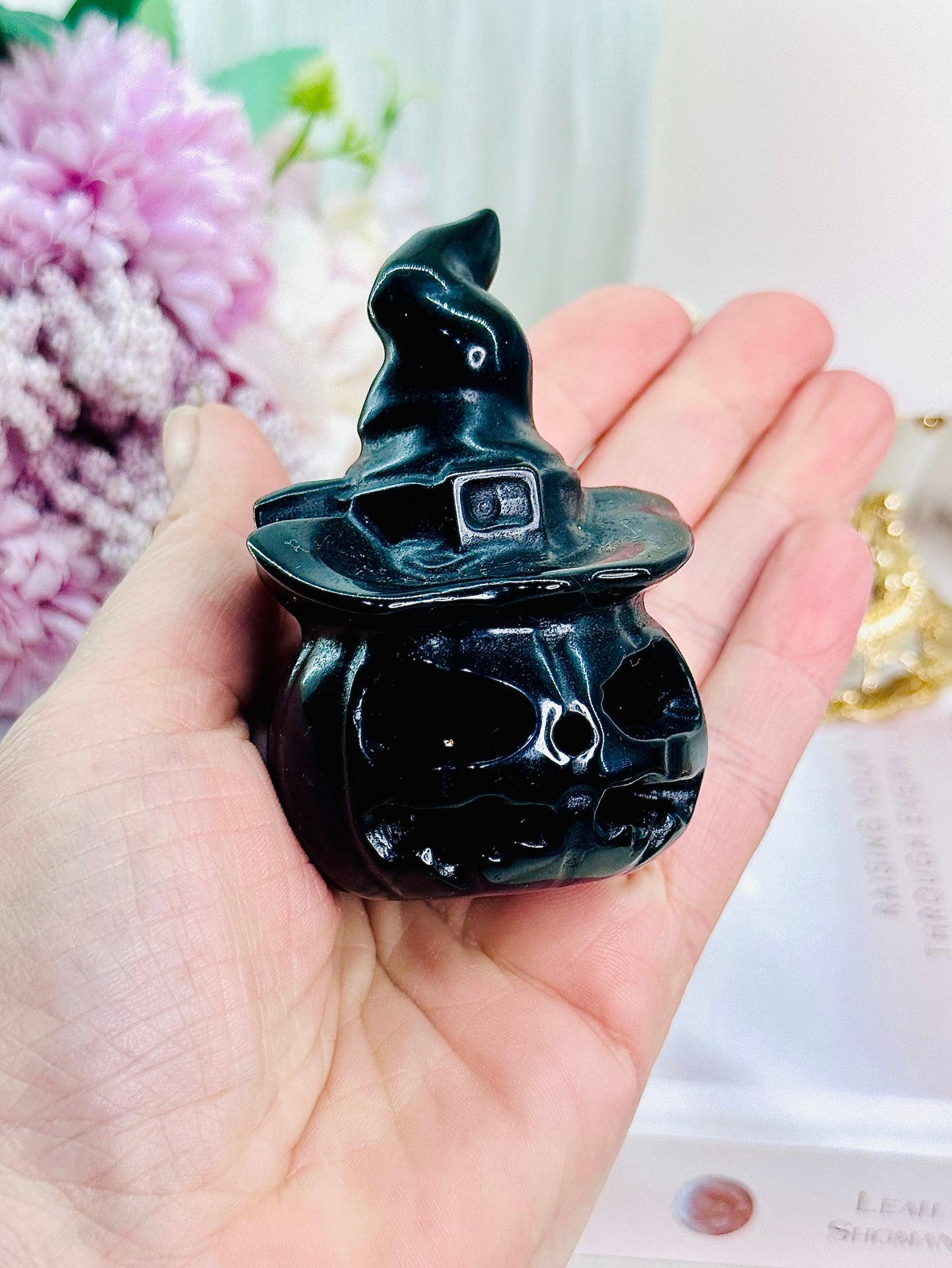Beautifully Carved Black Obsidian Halloween Pumpkin