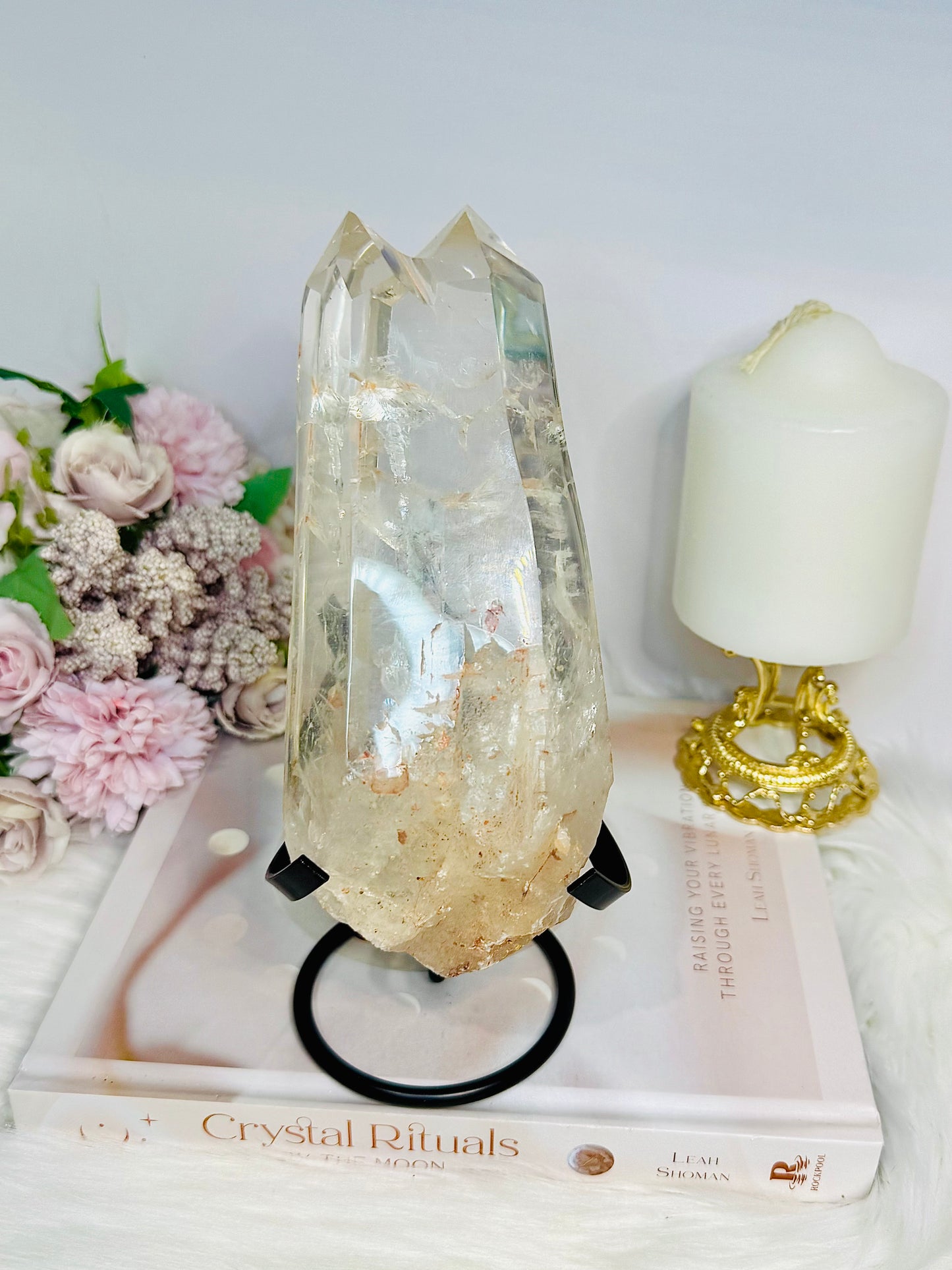 High Grade Clear Quartz Twin | Double Tower with Rainbows on Stand 18.5cm 961g