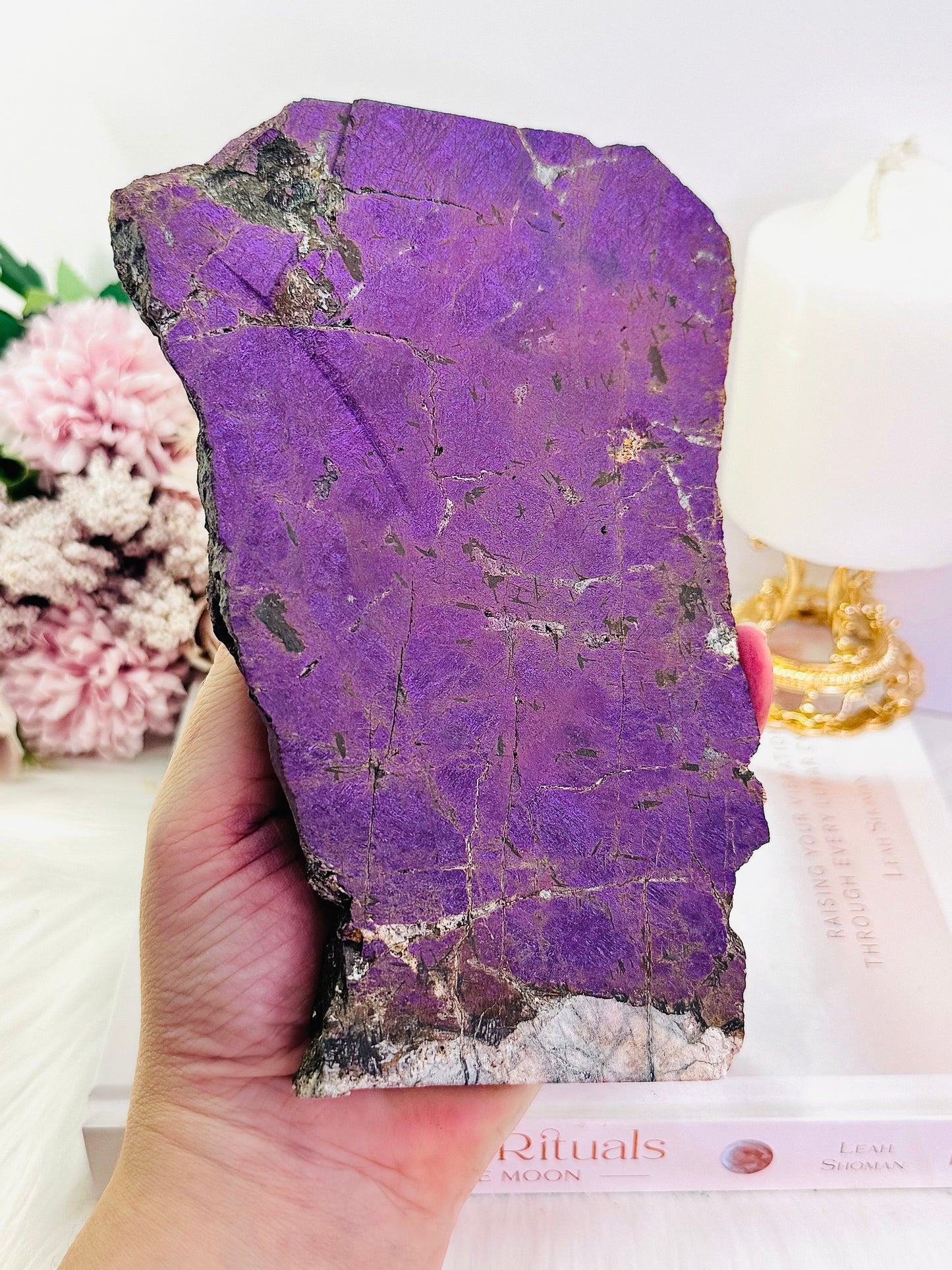 The Stone Of Freedom ~ Incredible Rare Natural Velvet Purpurite Huge Slab On Gold Stand, 22cm (Inc Stand) 683grams