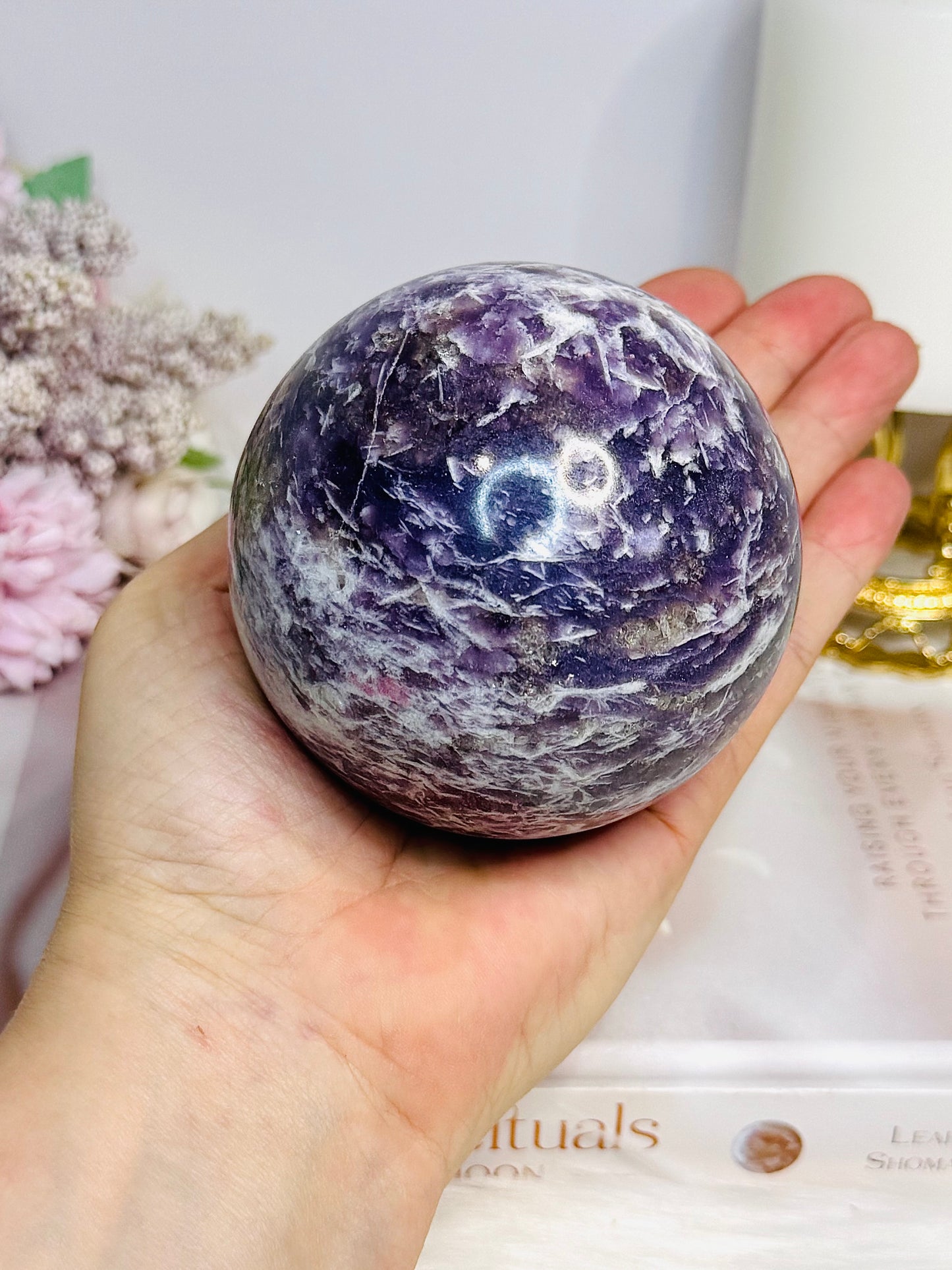 Natural Large Pegmatite | Unicorn Stone (Lepidolite, Pink Tourmaline, Smoky Quartz and Cleavelandite) Sphere on Stand 661g