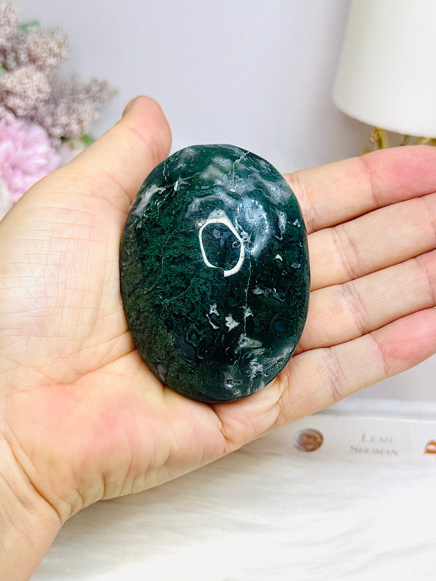 Large Moss Agate Palm Stone (stand is display only)