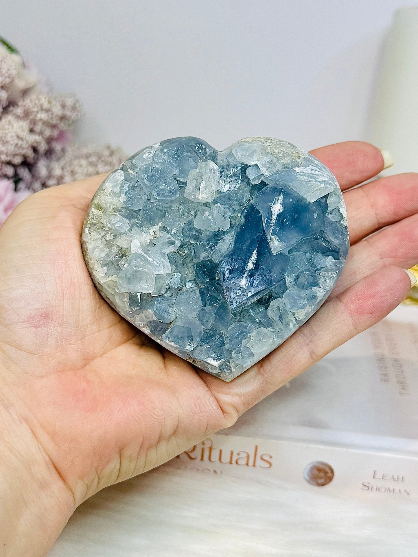 Blue Celestite Druzy Heart On Stand 443g