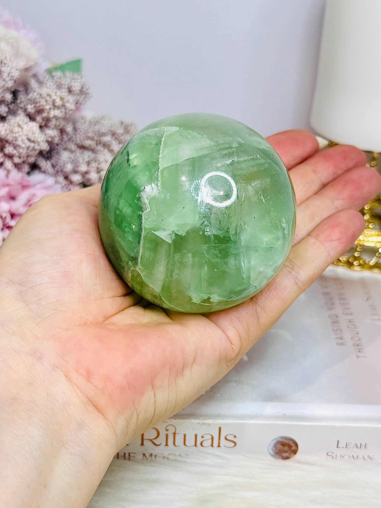 Large Green Fluorite Sphere Full of Rainbows On Stand 478g