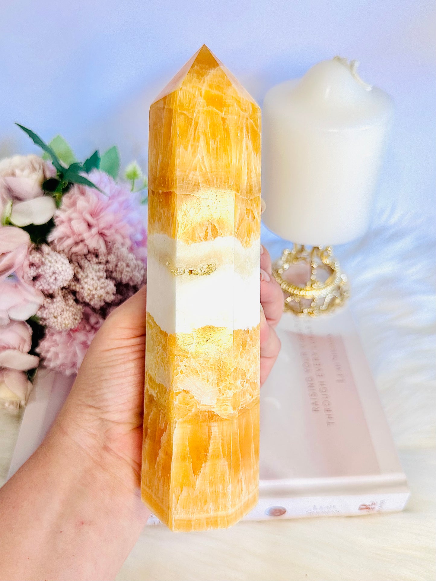 Absolutely Stunning Chunky Large Orange Calcite Tower 19cm Tall with 5 Free Tumbles