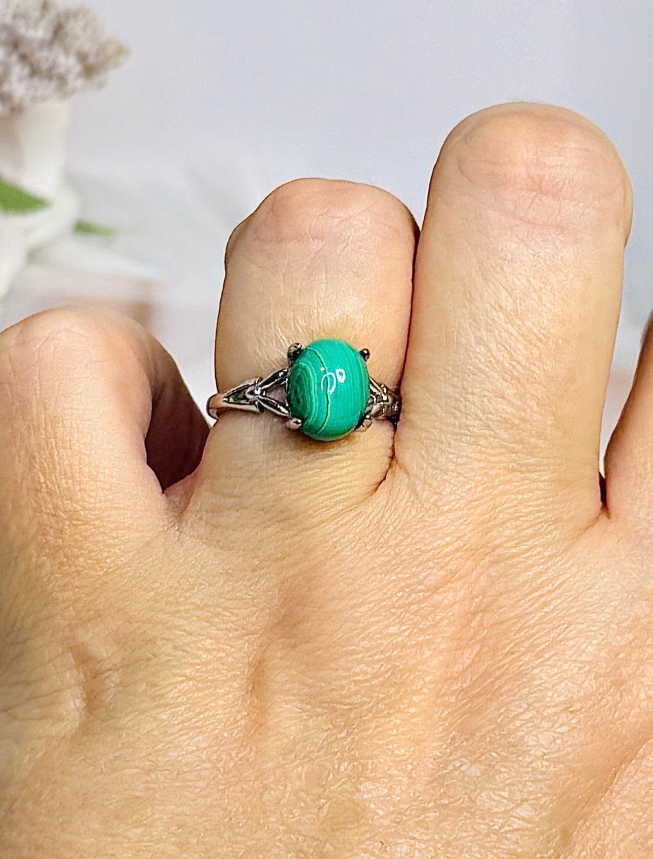 Adjustable Malachite Ring in Gift Bag