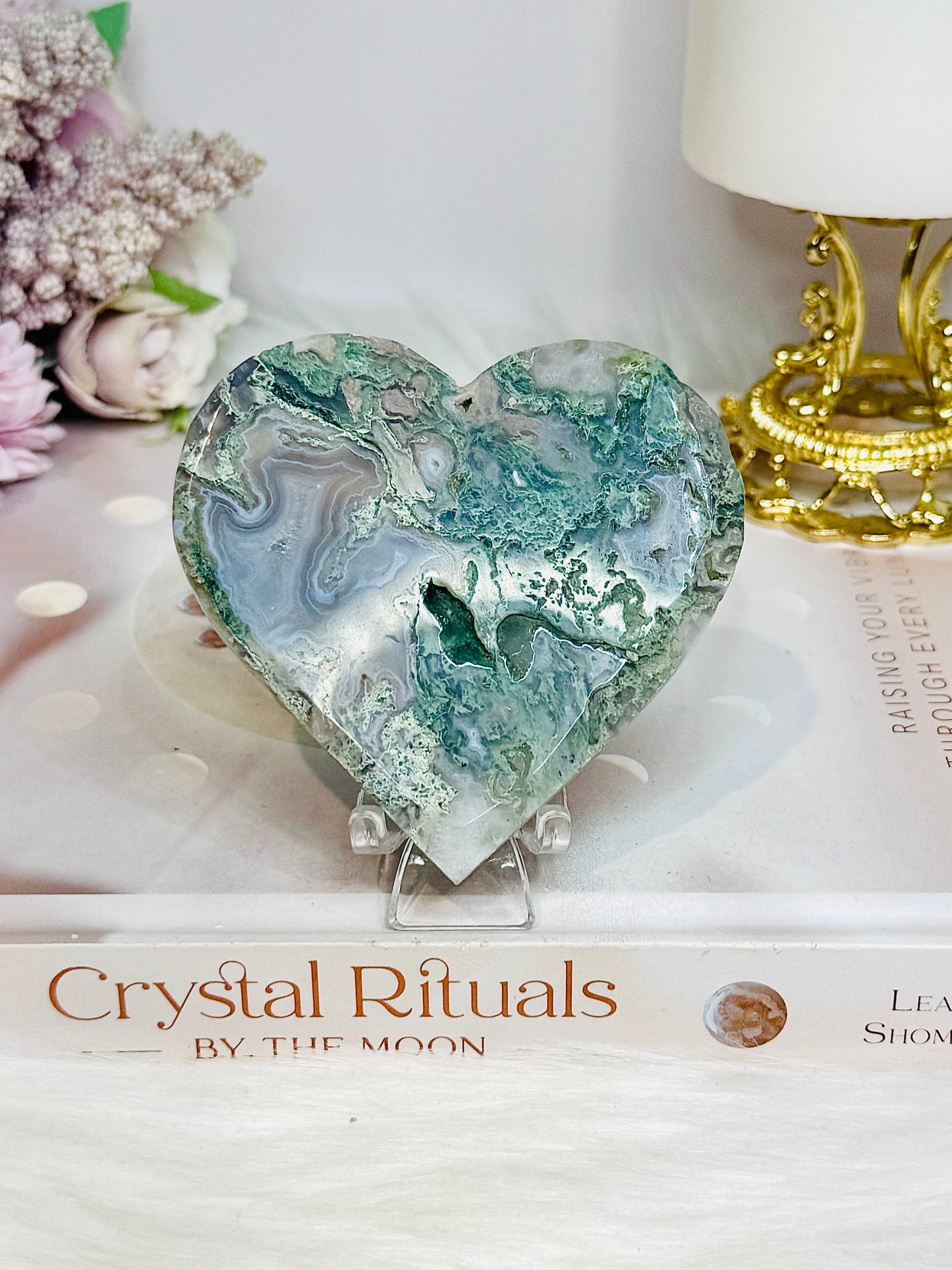 Moss Agate Carved Heart on Stand 8cm