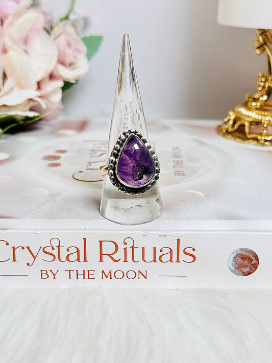 Stunning Amethyst Teardrop Adjustable Ring In Gift Bag