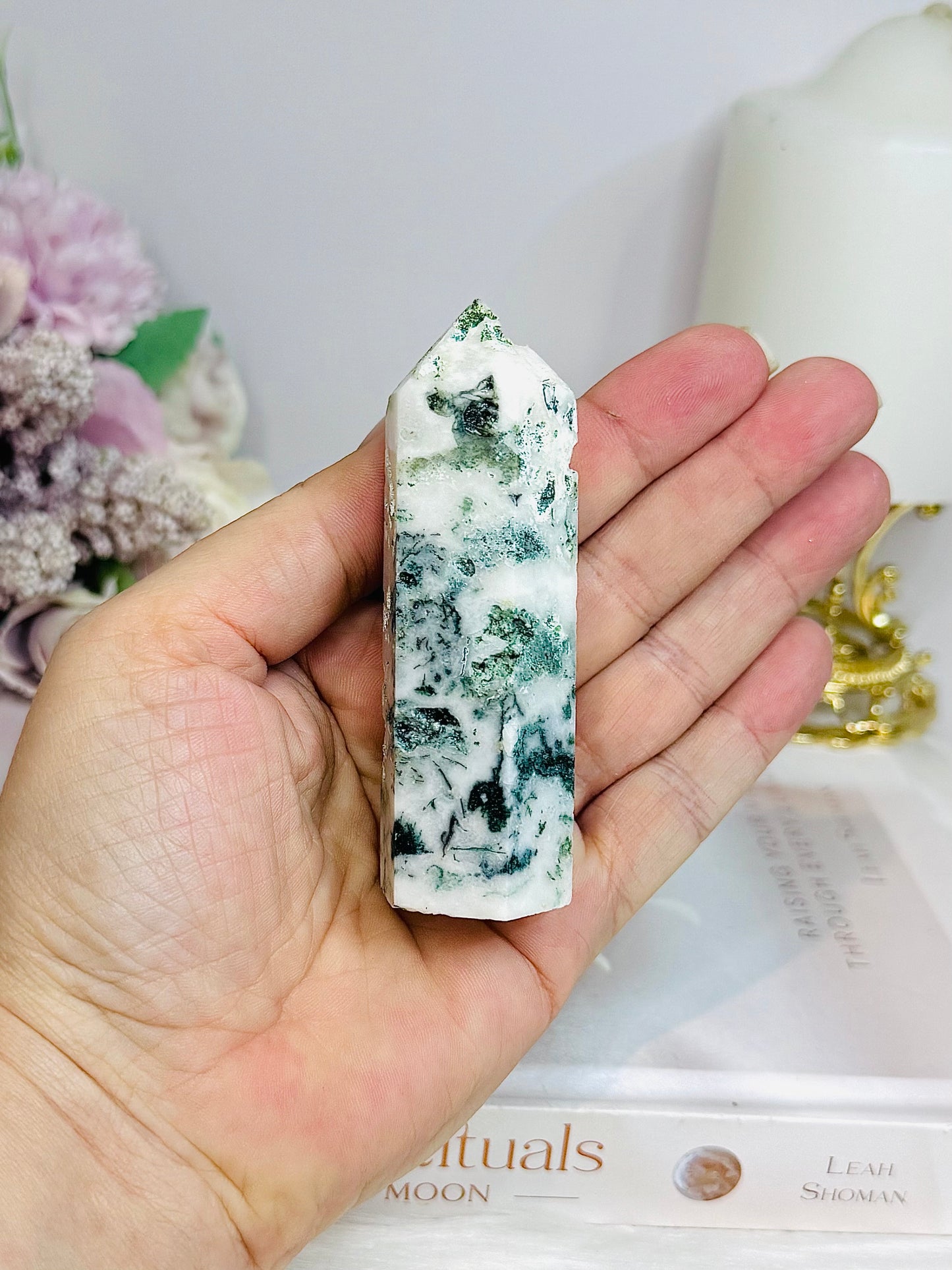 Chunky Moss Agate Tower 9cm