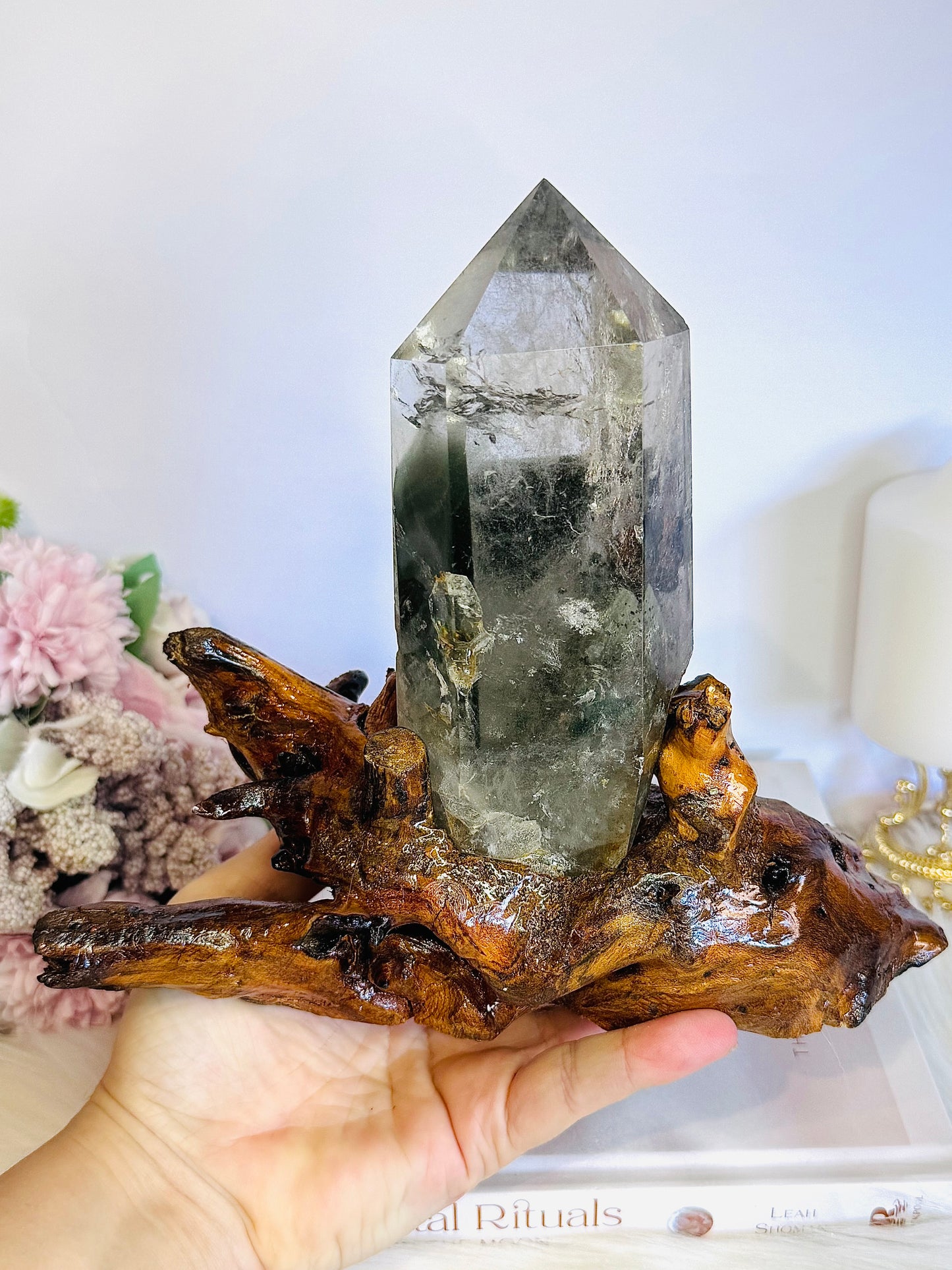 Stunning Large Garden Quartz | Lodolite Tower on Timber Base 938grams 27cm