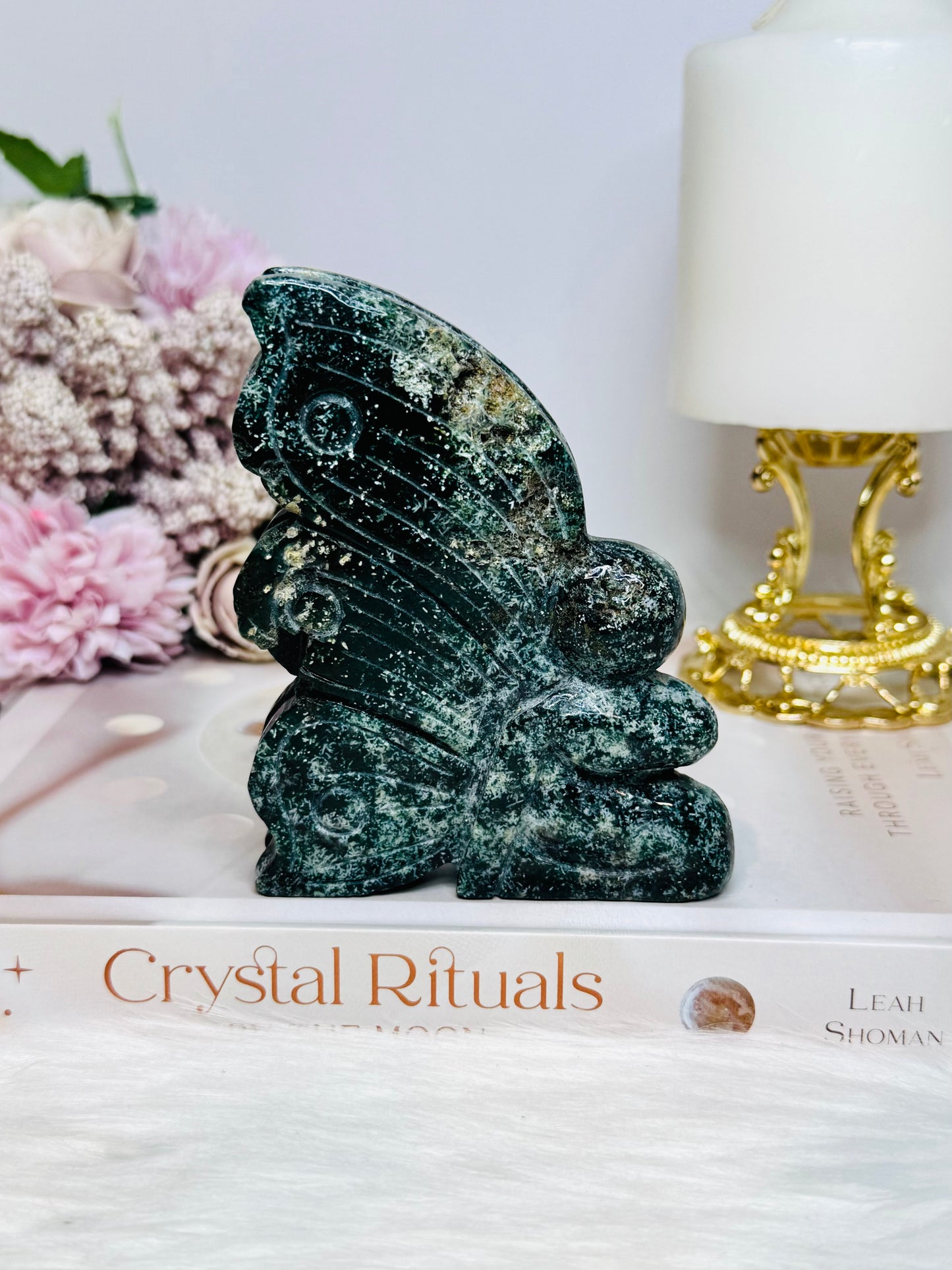 Moss Agate Carved Druzy Fairy 10cm