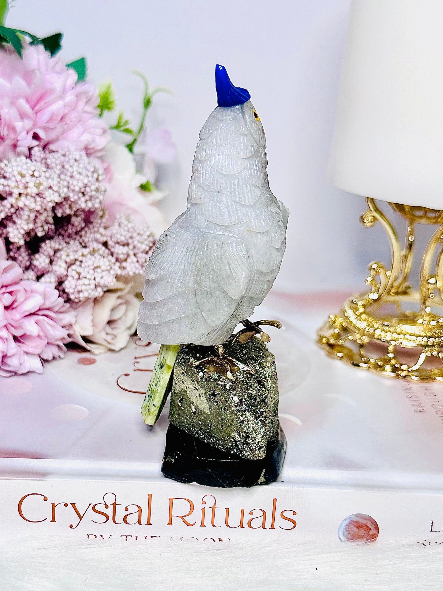 Large 11.5cm Jade Carved Parrot | Bird On Pyrite Stand From Brazil