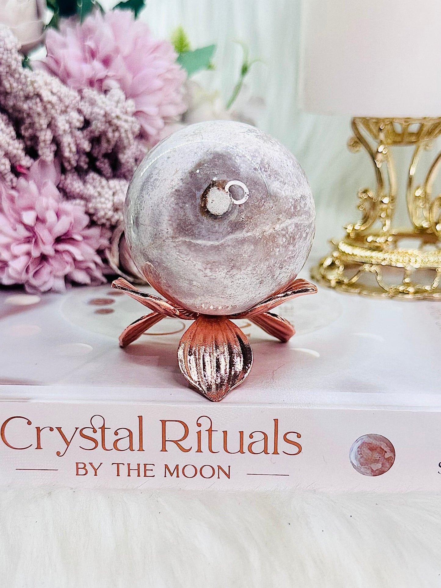 Absolutely Gorgeous Pink Amethyst Sphere On Rose Gold Flower Stand 221grams