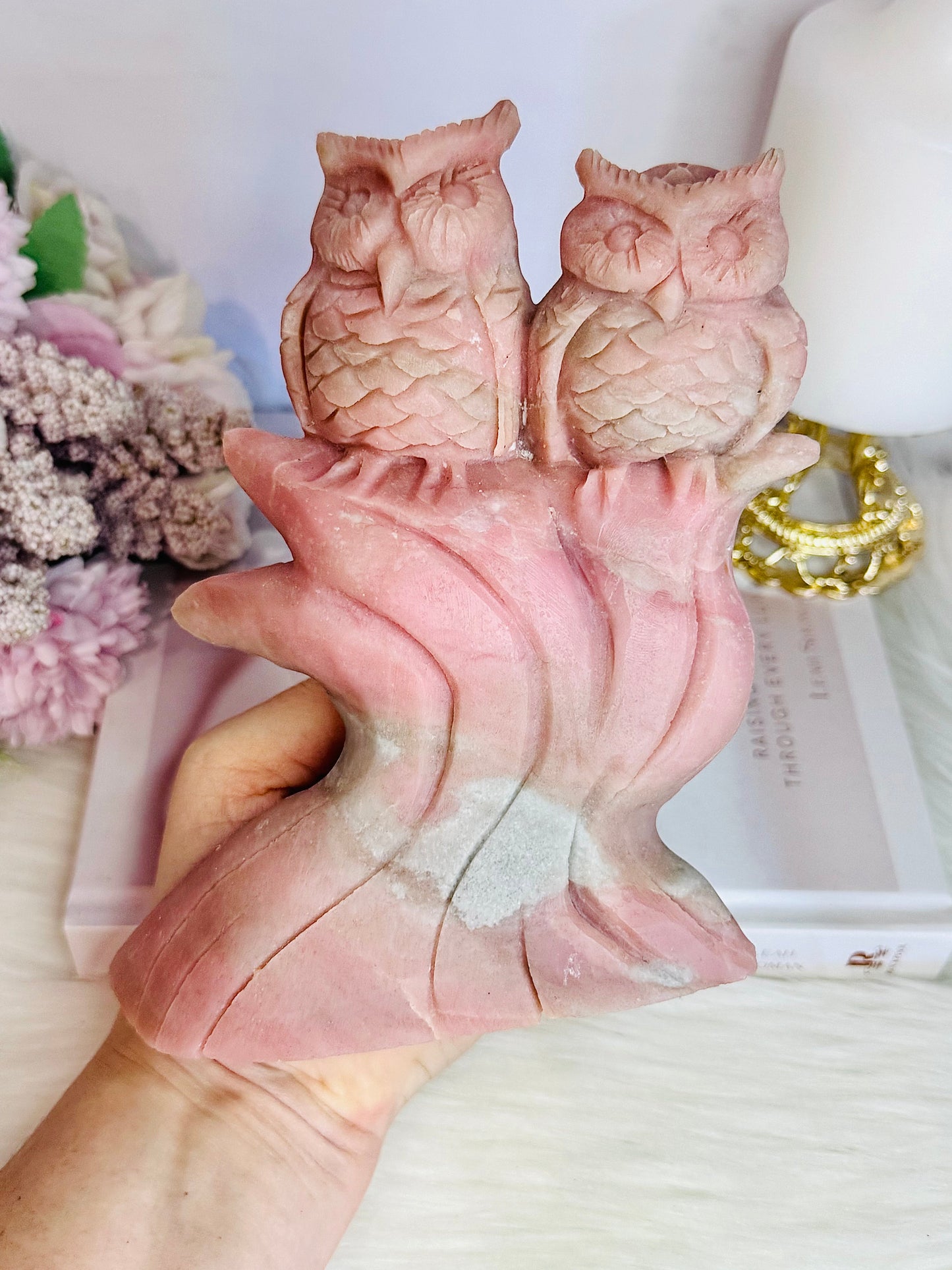 Incredibly Carved Huge Pink Opal Owls 16.5cm 1.15KG