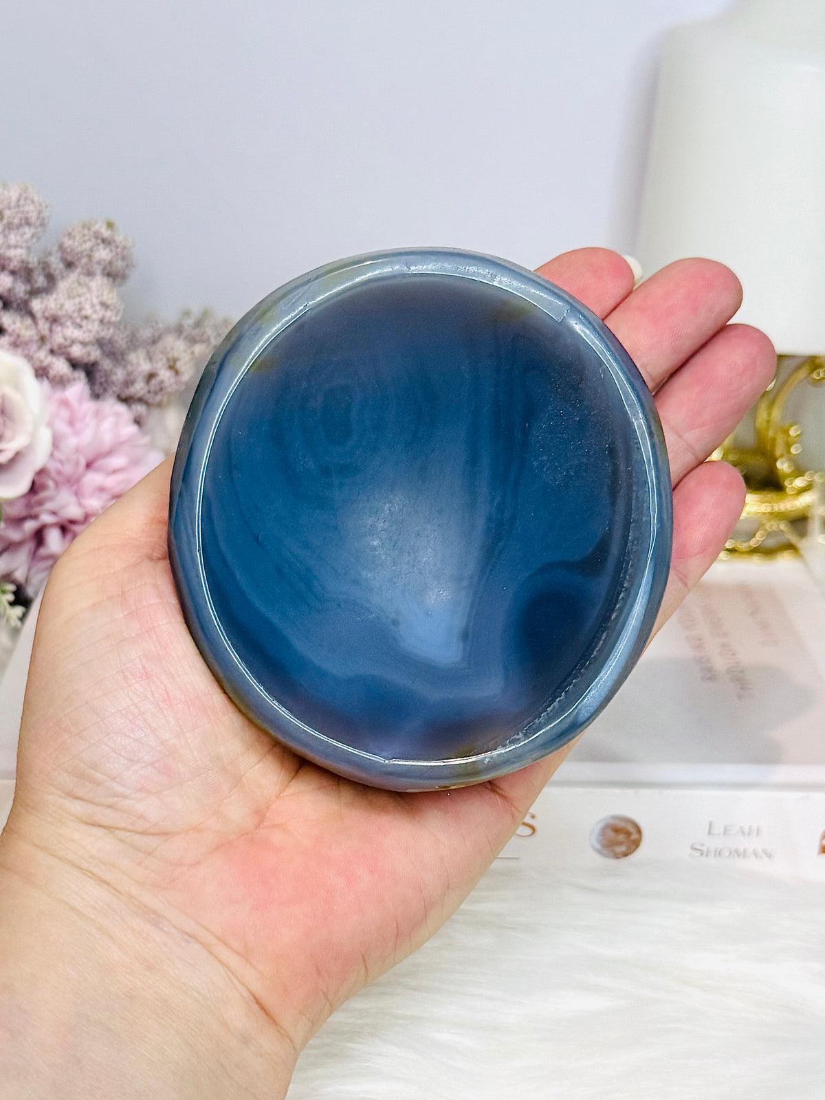 Agate Carved Bowl with Blue Calcite Chips 338g