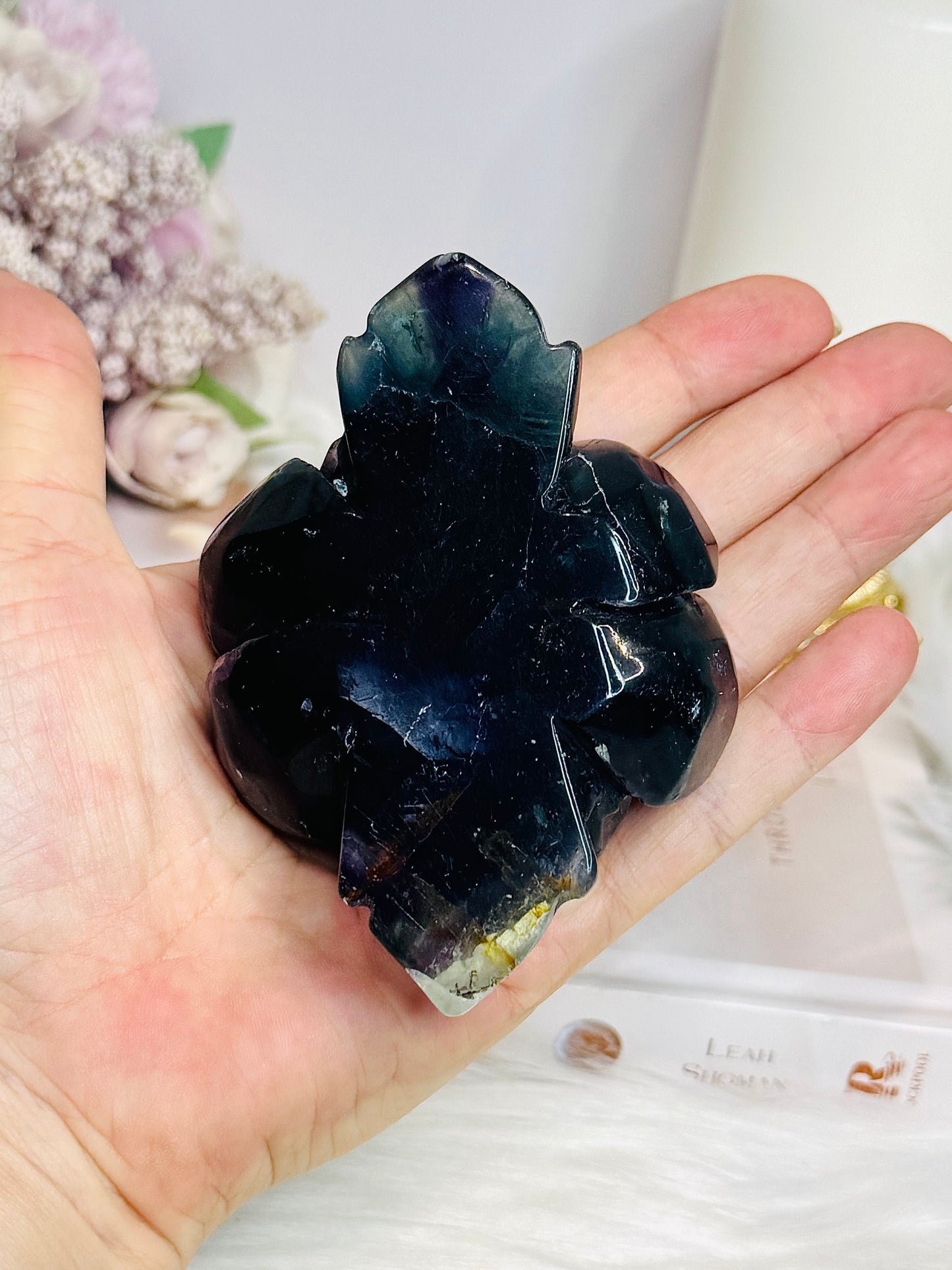 Fluorite Carved Flower On Stand 10cm 277g