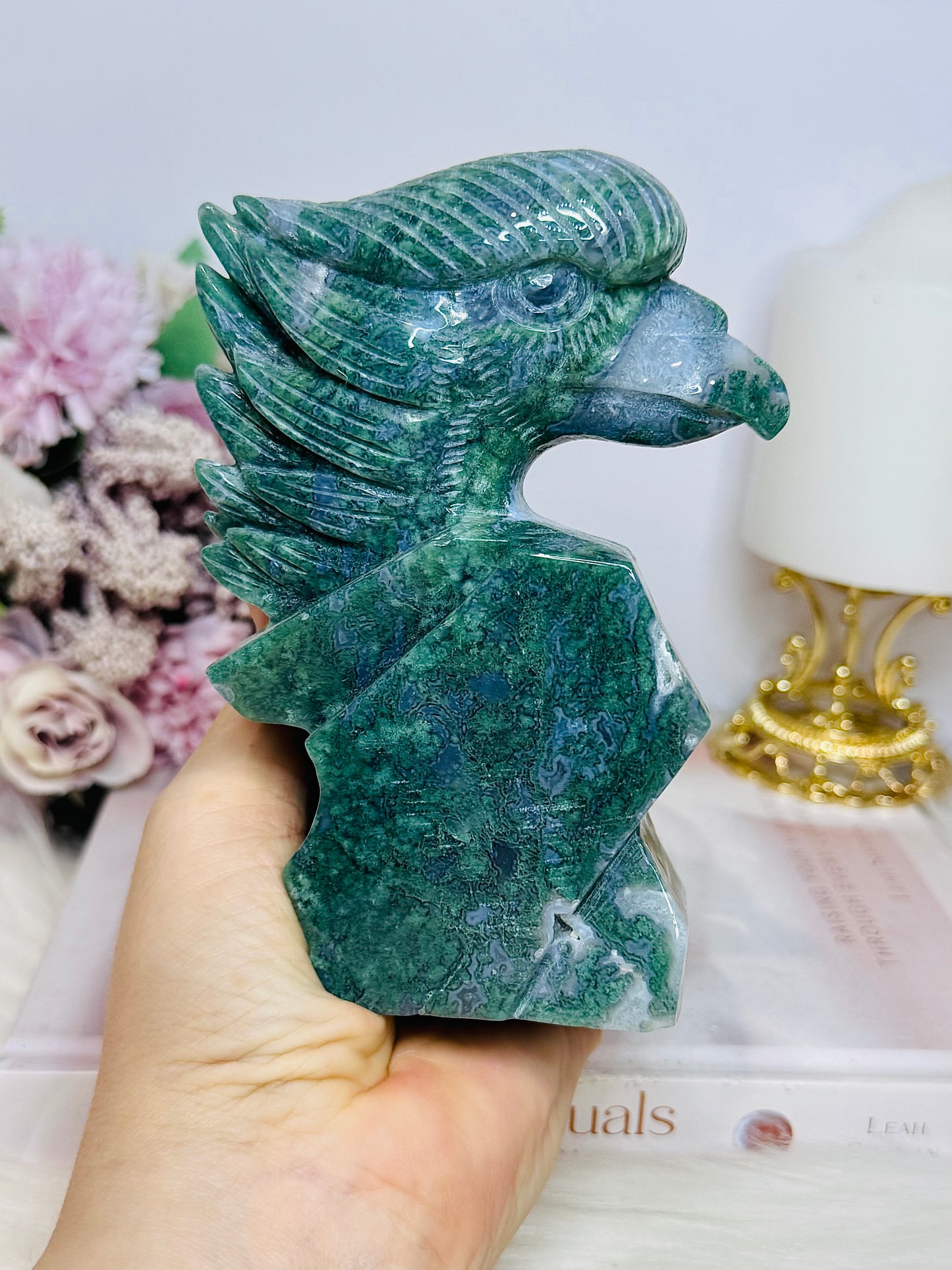 Large Perfectly Carved Moss Agate Eagle 633g 13cm