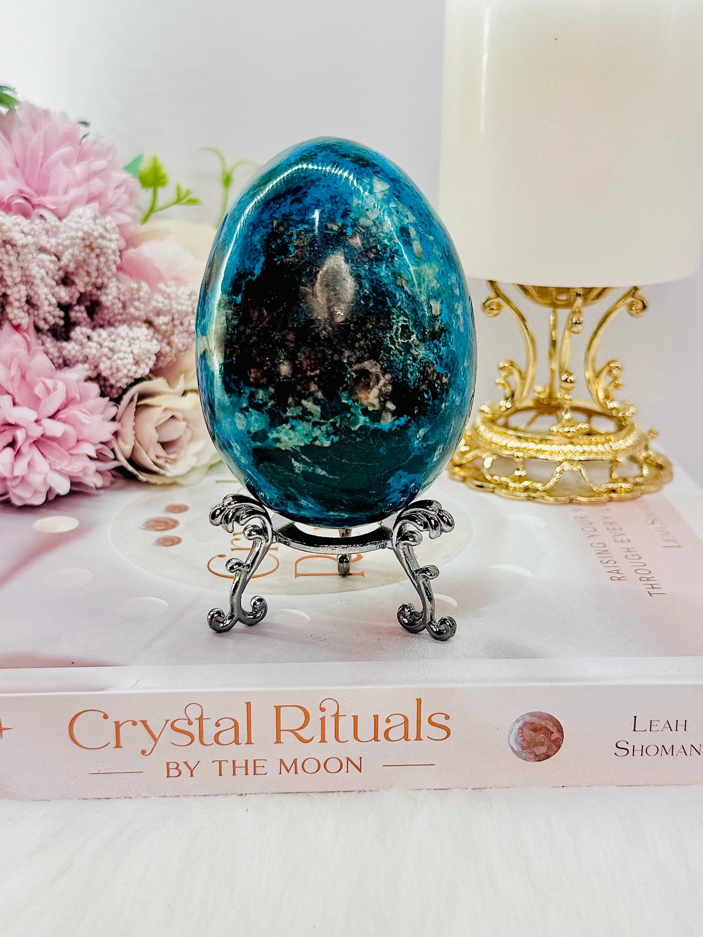 Wow!! Magnificent Large 482gram Chrysocolla Carved & Polished Egg On Stand