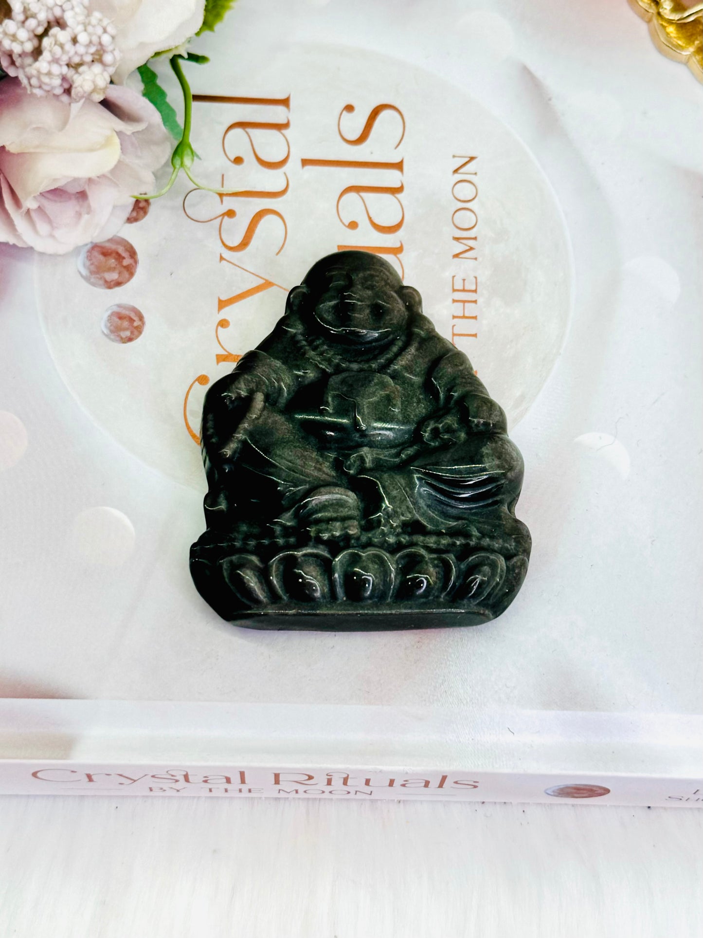 For Protection ~ Beautifully Carved 7cm Silver Sheen Black Obsidian Buddha