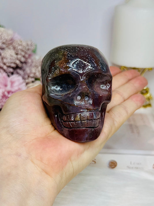 Large Ocean Jasper Carved Skull 8.5cm 428g
