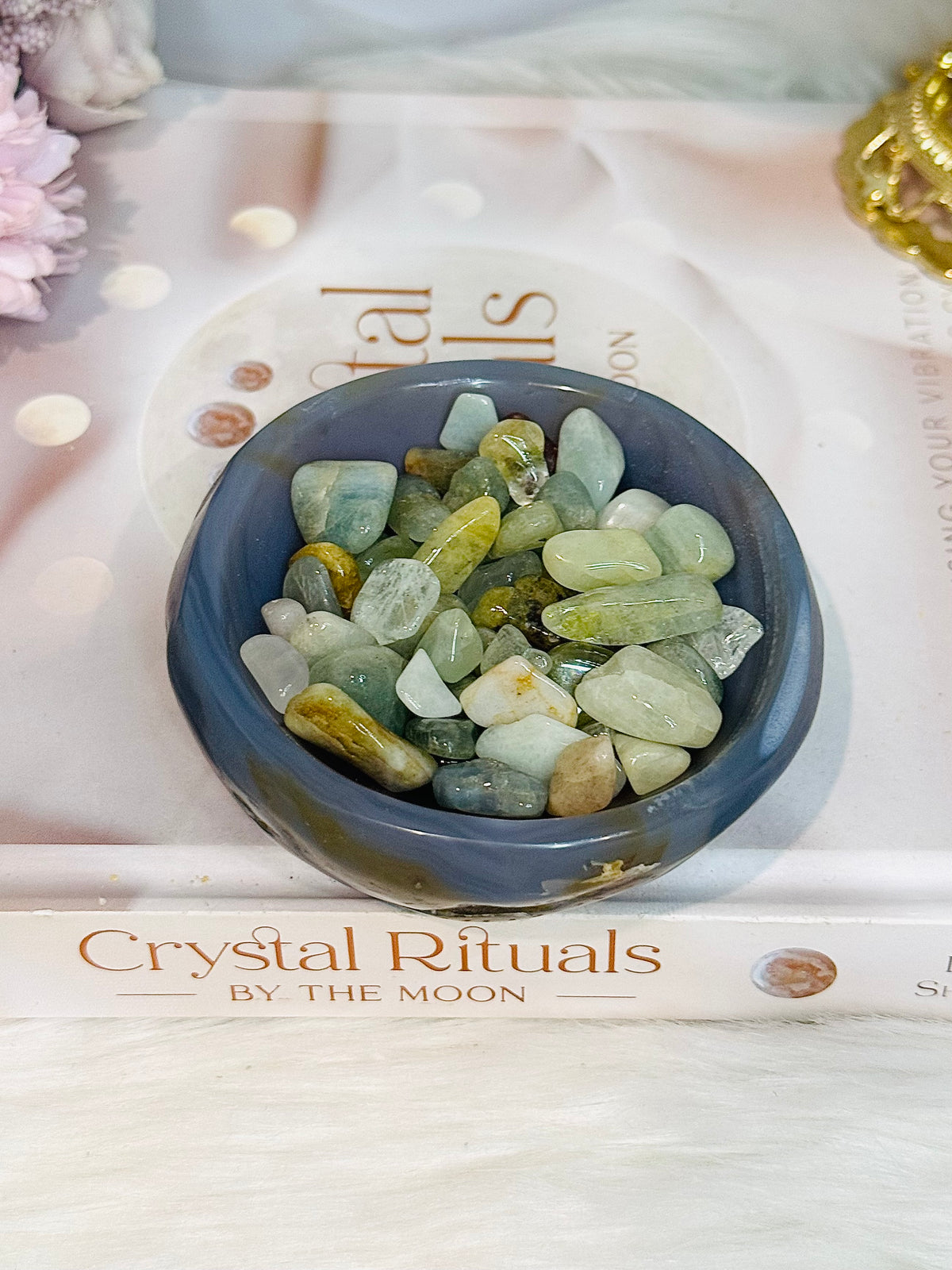Agate Carved Bowl with Blue Calcite Chips 338g