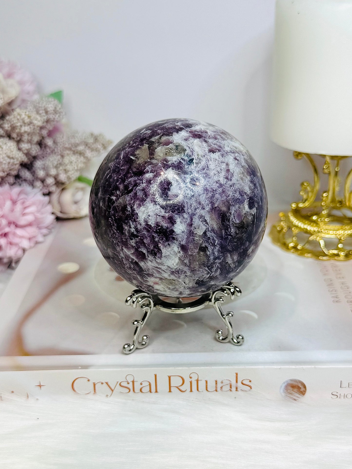 Large Pegmatite | Unicorn Stone (Lepidolite, Pink Tourmaline, Smoky Quartz & Cleavelandite) Sphere on Stand 600g