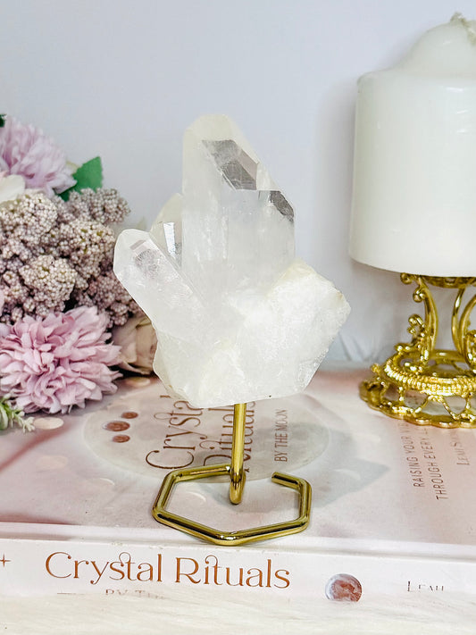 Clear Quartz Cluster on Gold Stand 13.5cm