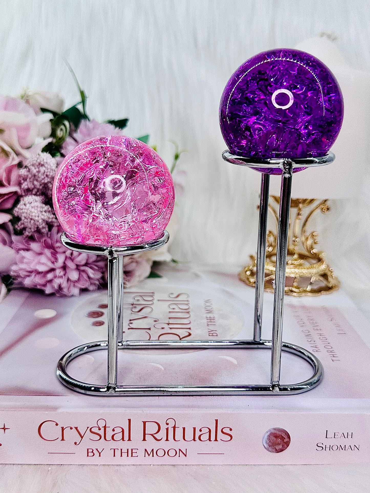 Beautiful Set of 2 Fire & Ice Sphere Pink & Purple On Silver Stand 15cm