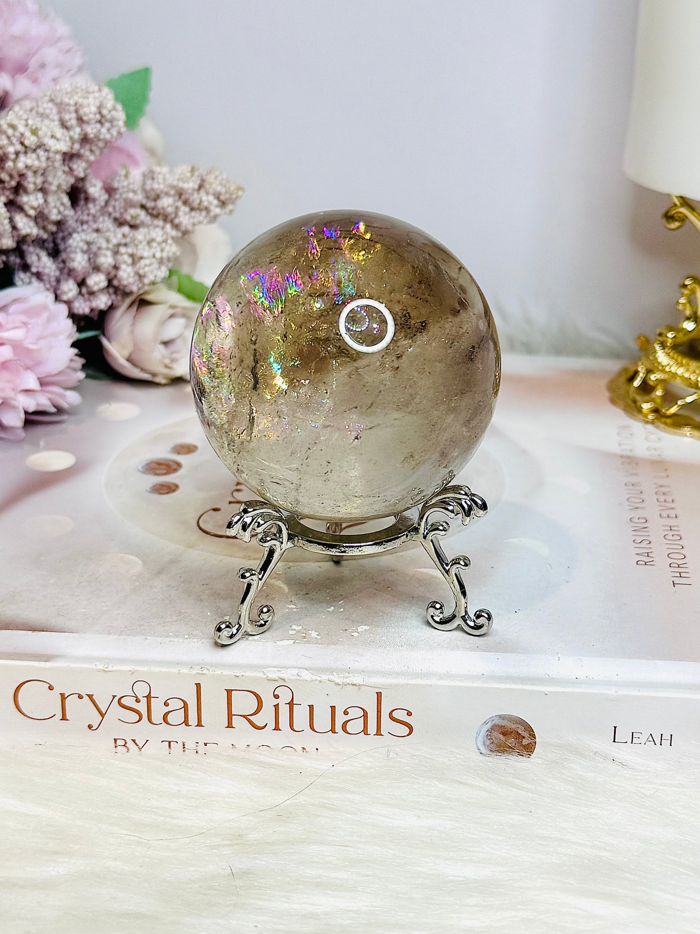 High Grade Smokey Quartz Sphere Full of Rainbows on Stand 307g