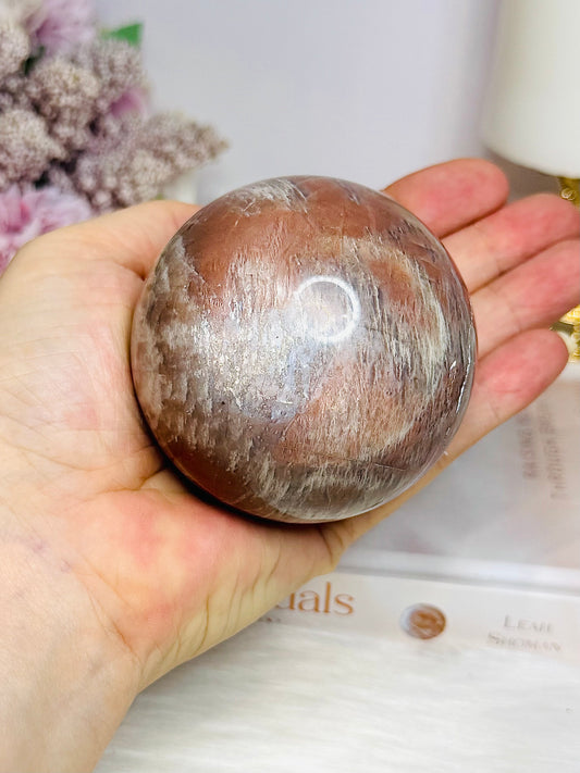Shimmering Large Sunstone with Moonstone Sphere on Stand 433g