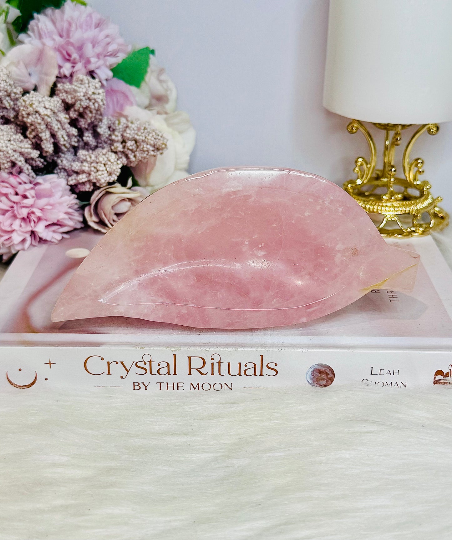 Large Chunky Rose Quartz Carved Leaf Bowl 15cm 410g