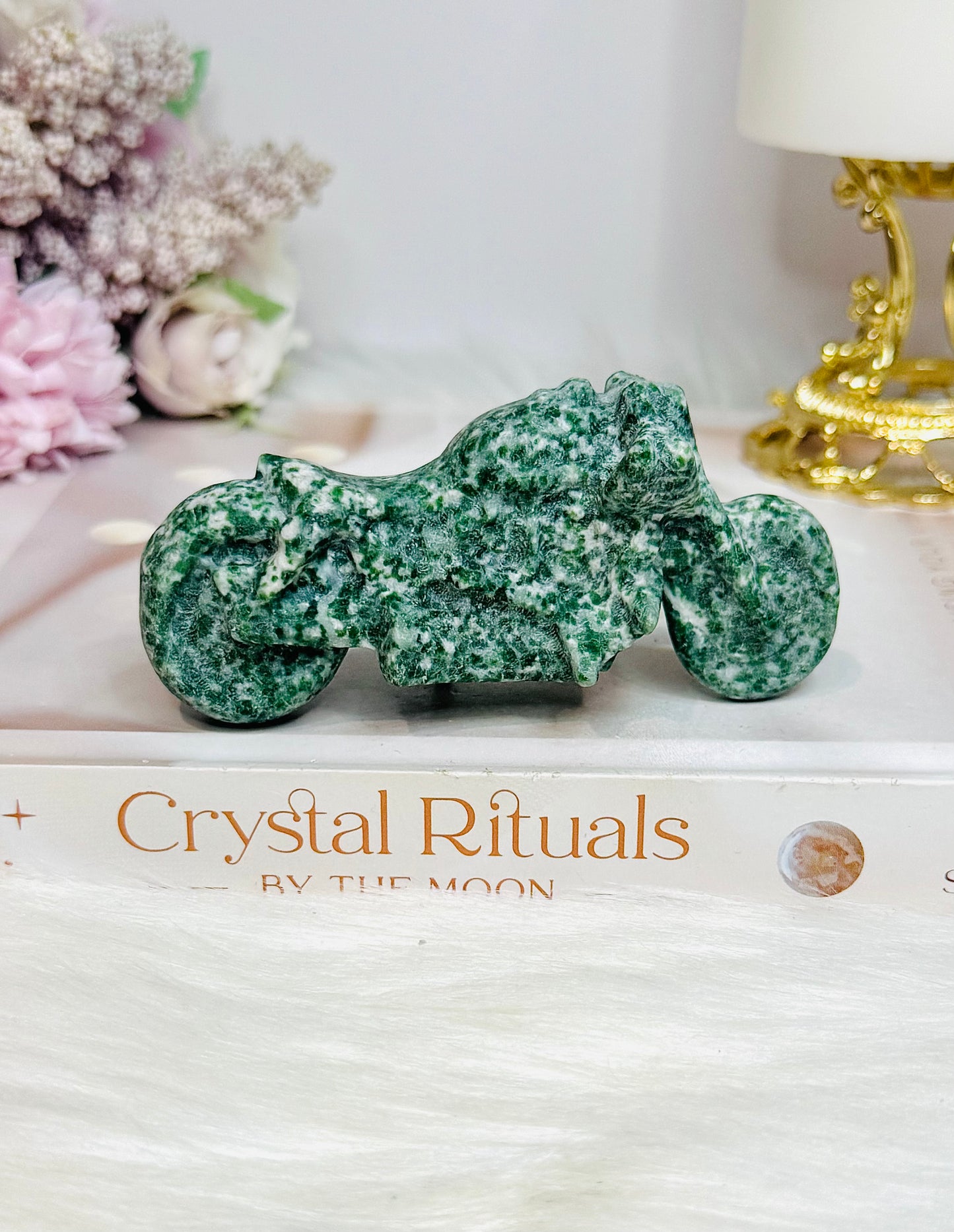Moss Agate Carved Motorbike 9.5cm