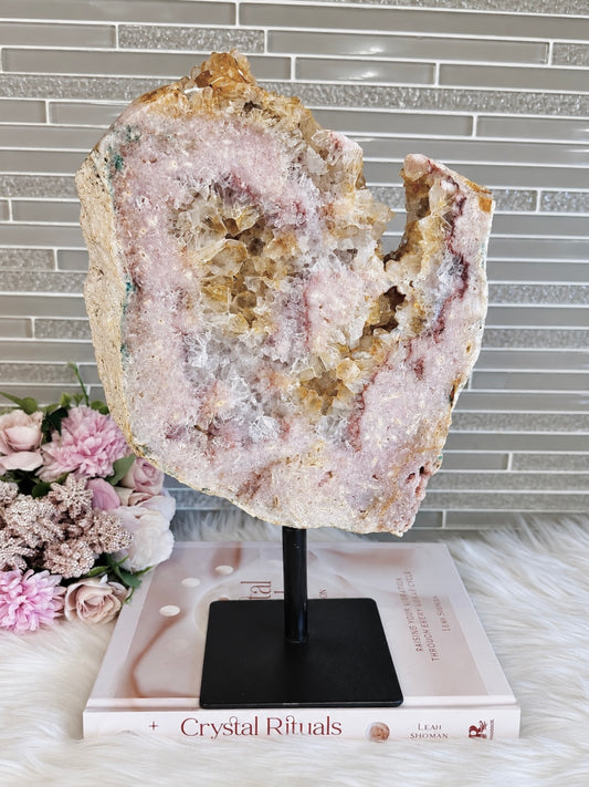 Statement Piece ~ Large High Grade Druzy Pink Amethyst Slab on Swivel Stand 1.88KG 30cm