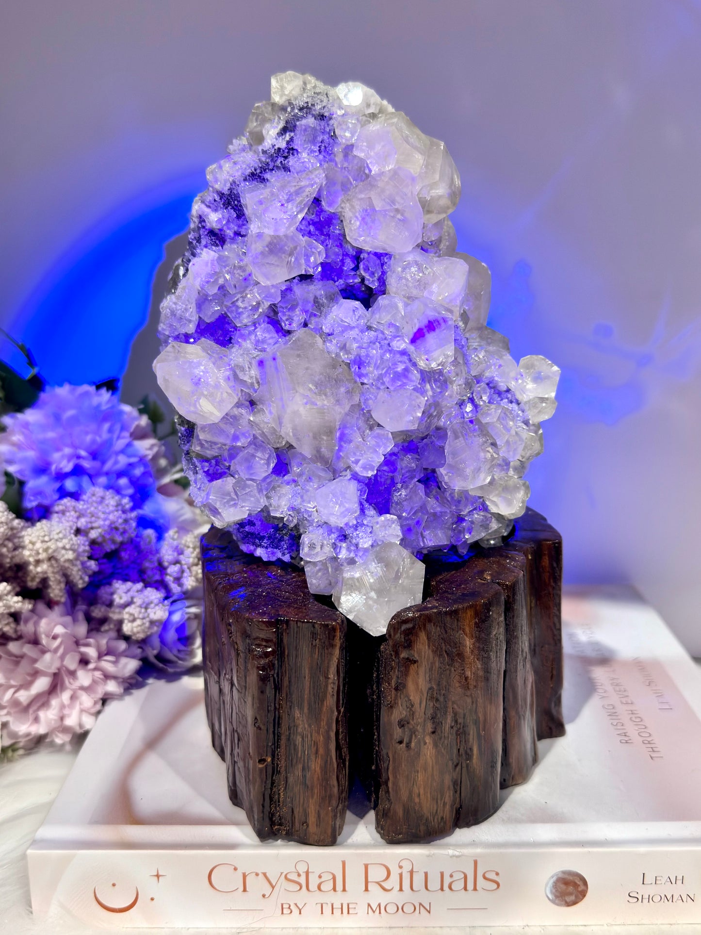 Natural Gorgeous Large Calcite Cluster 20cm On Timber Stand (UV Reactive) 1.86KG