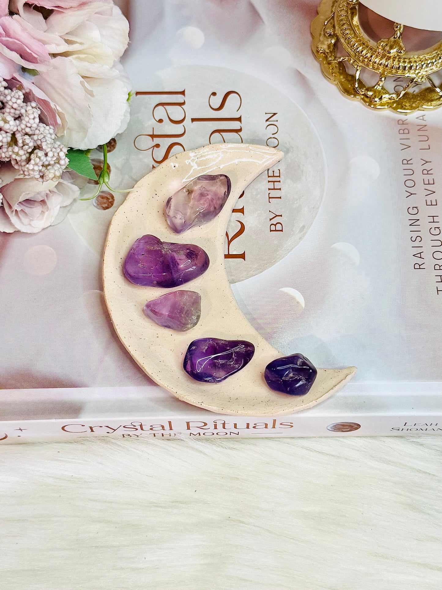 Hand Crafted 11cm Ceramic Moon with High Grade Amethyst Tumbles