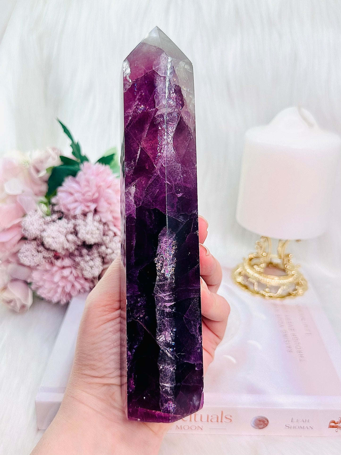 Fabulous Large 20cm Stunning Purple Fluorite Tower with Rainbows (the tower has a slight tilt)