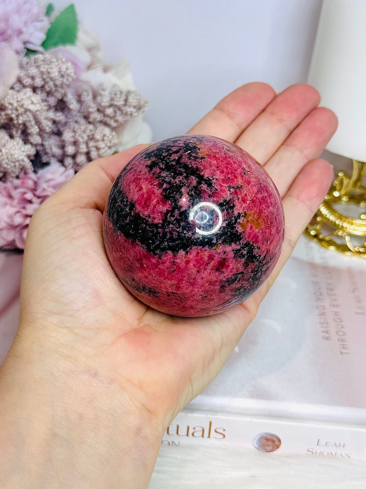 Large Rhodonite Sphere 551g On Stand